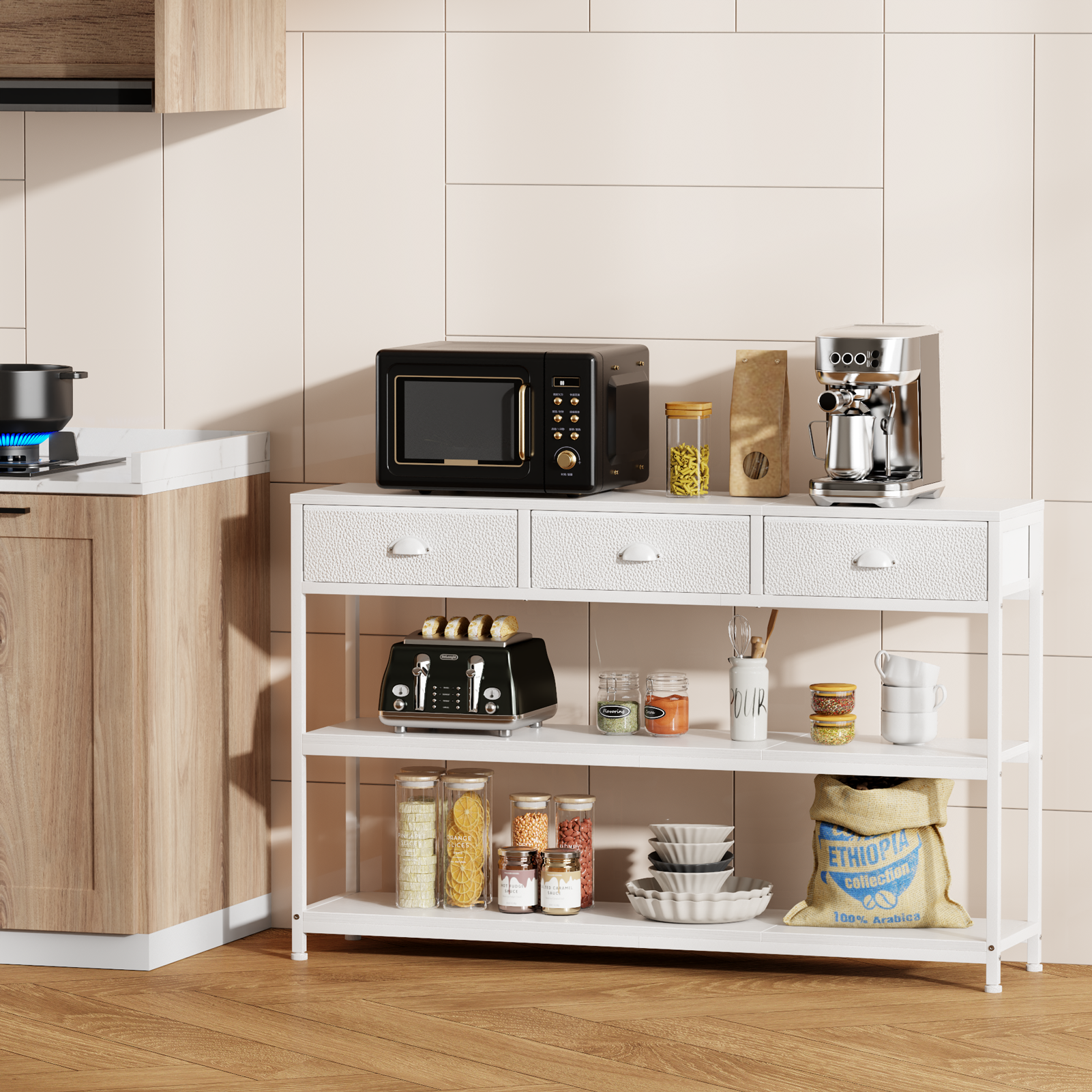 Qwatto Long 47 Inch White Entryway Table 3 Storage Drawers Three Tier Industrial Display Shelves Console Sofa Accent Table For Hallway Kitchen Foyer