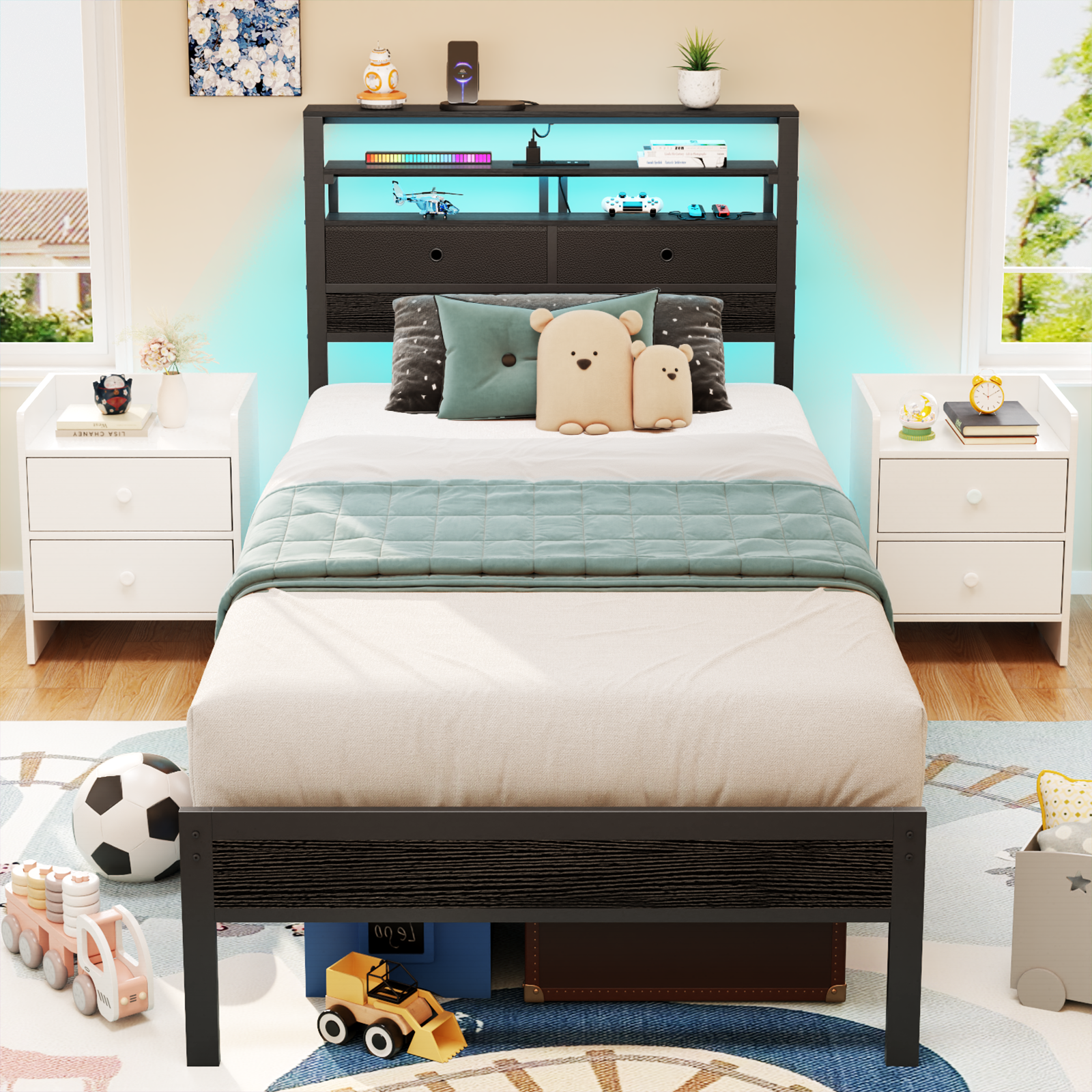 Furnulem Bed Frame with 2 Storage Drawers Headboard LED Charging Station Black oack