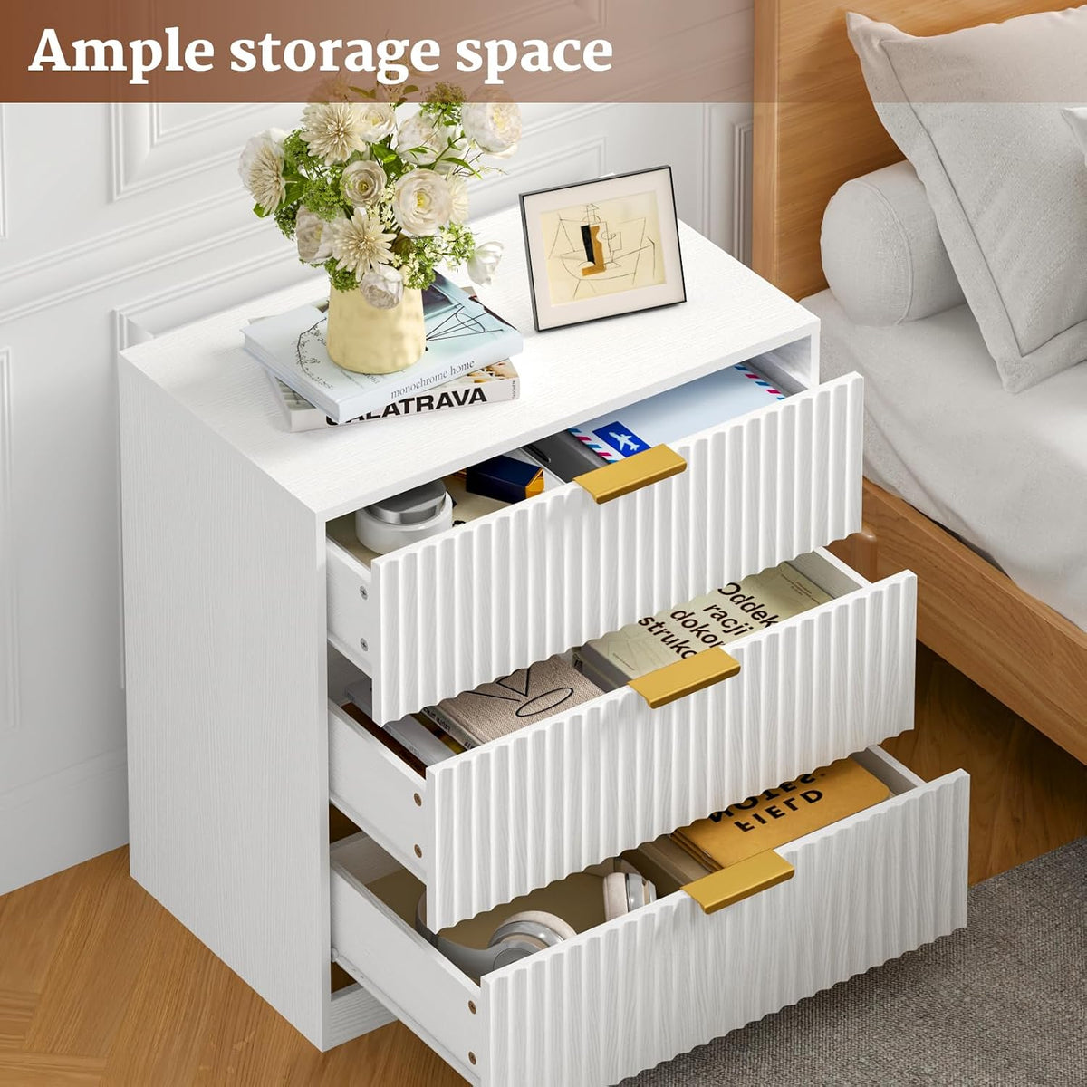 27-in Wide Fluted Night Stand 3 Drawers Large End Table with Storage White Nightstand Wood Bedside Tables Farmhouse Cabinet Dresser for Bedroom Closet
