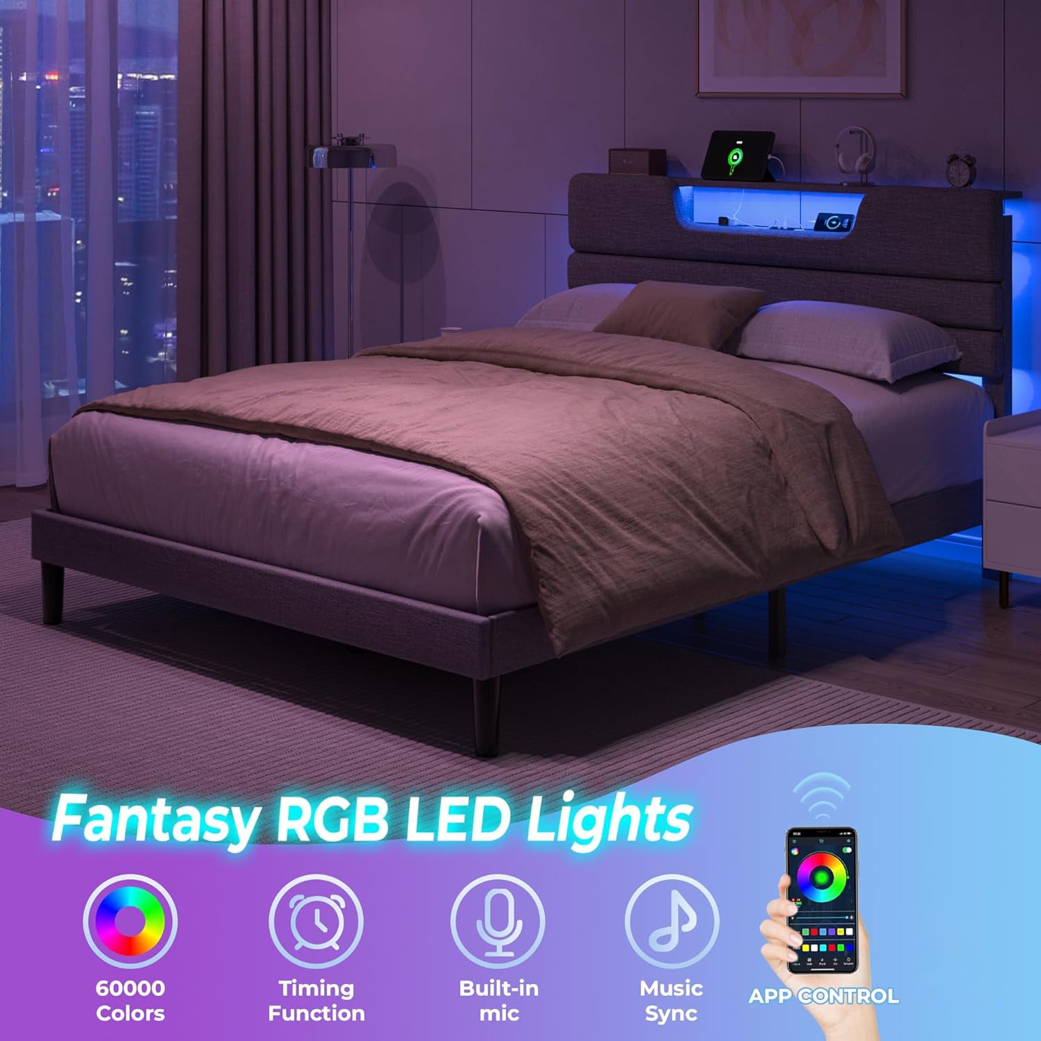 Furnulem Queen Size Bed Frames with Upholstered Headboard Bed with Charging Station and Led Lights Bed Frame with Sturdy Wooden Slats/2-Tier Storage