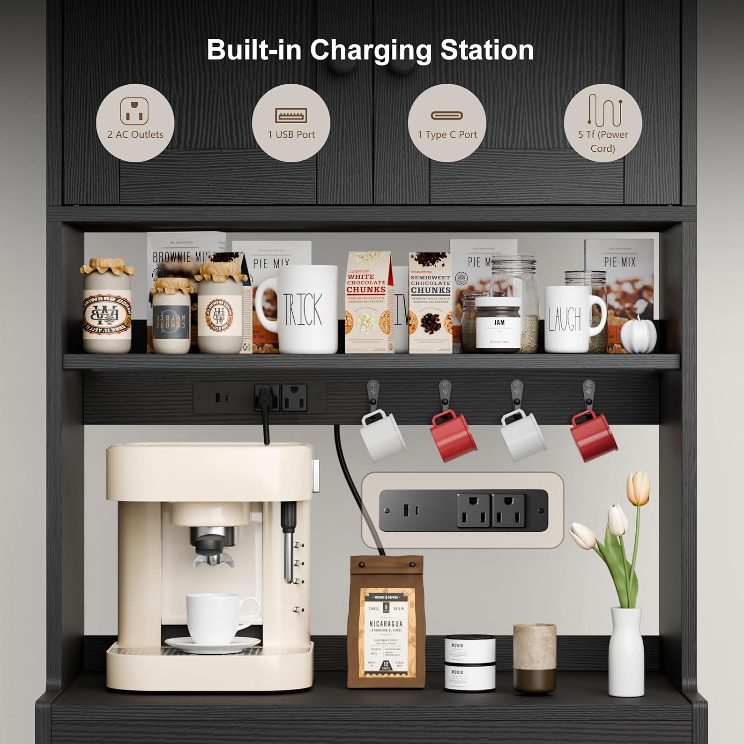 71 Inch Black Kitchen Pantry Storage Cabinet Farmhouse Freestanding Microwave Stand with Hutch Doors and Drawers for Dining Room and Coffee Bar Uses