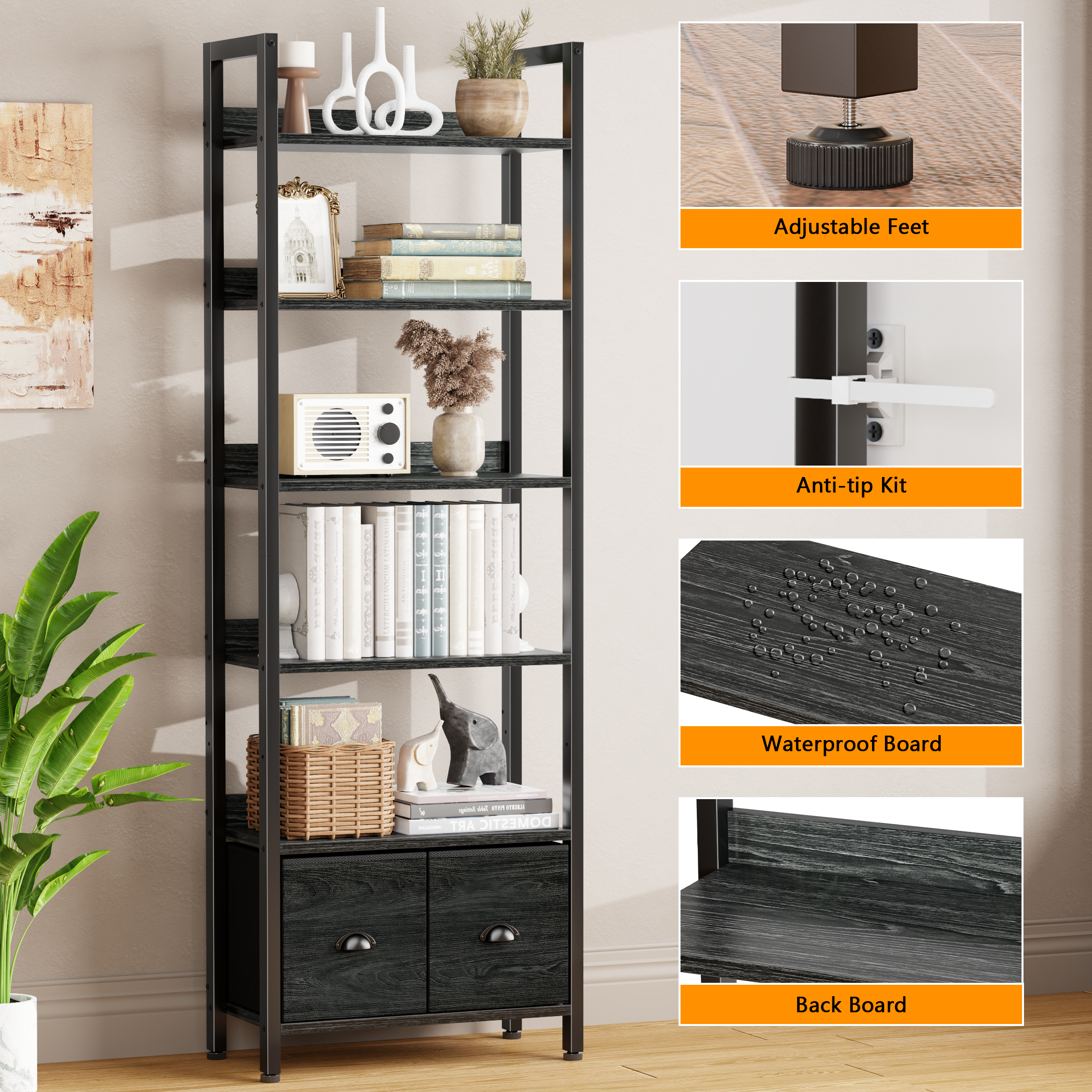 6 Tier Industrial Tall Bookcase with Two Storage Drawers Wood Metal Freestanding Bookshelf Display Organizer Shelf for Home Office Bedroom Black Oak