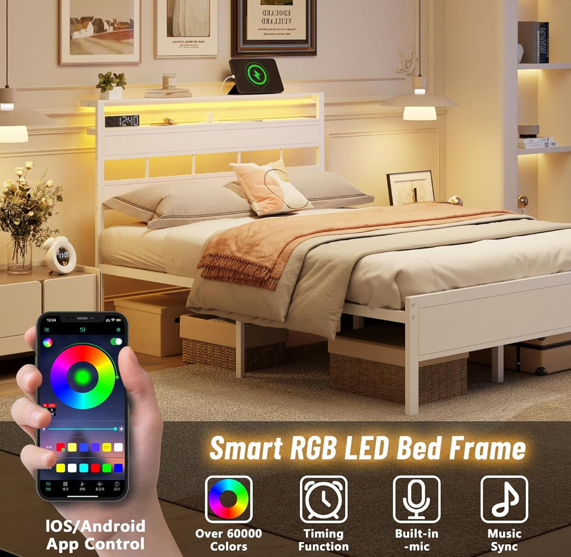 Full Size Bed Frame with Storage Headboard and LED Lights Metal Bedframe with Charging Station and USB Port Platform Bed with Heavy Duty Slats White