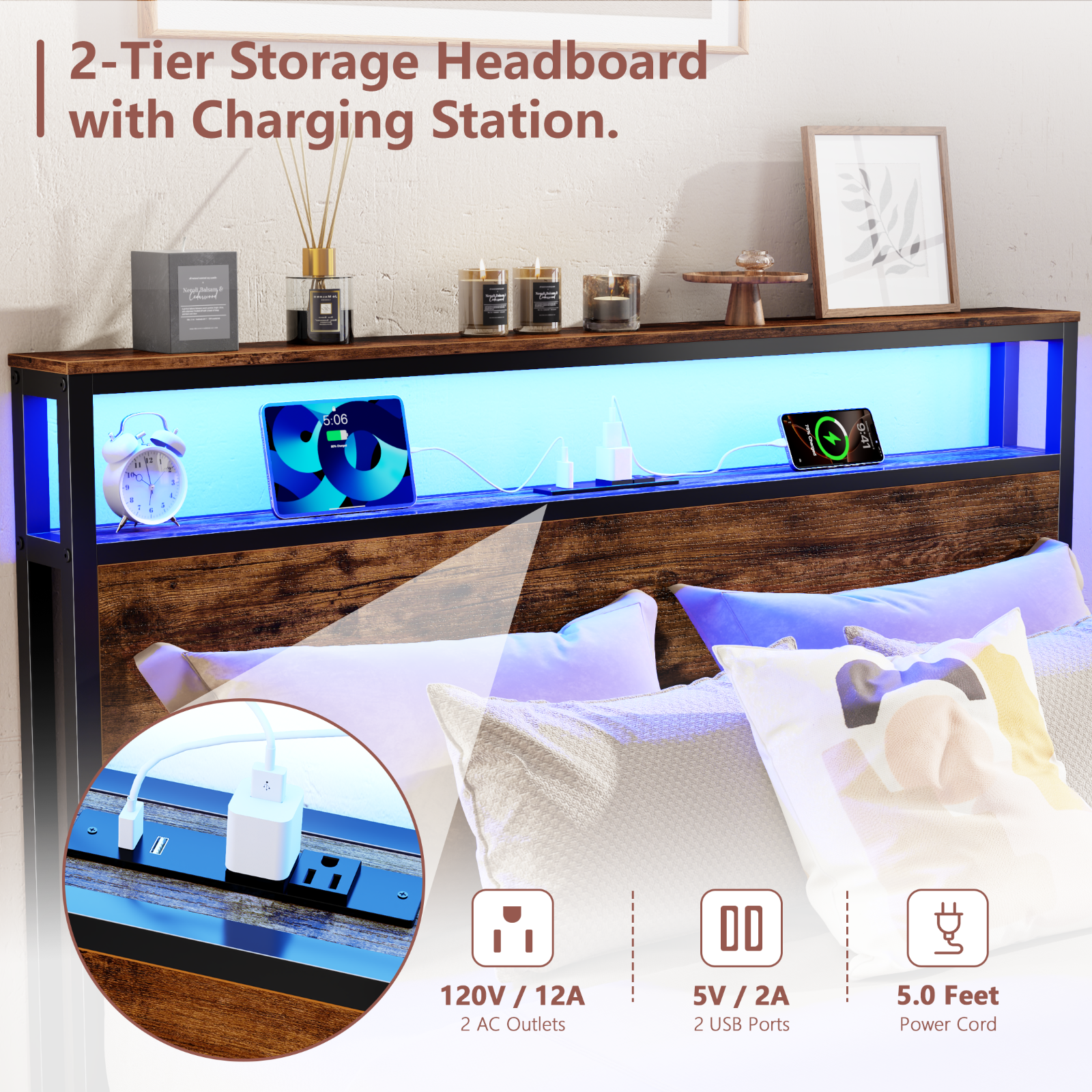 Full Size Bed Frame with 6 Storage Drawers Metal Platform Bed Frame with 2-Tier Storage Headboard LED Built in Charging Station No Box Spring Needed