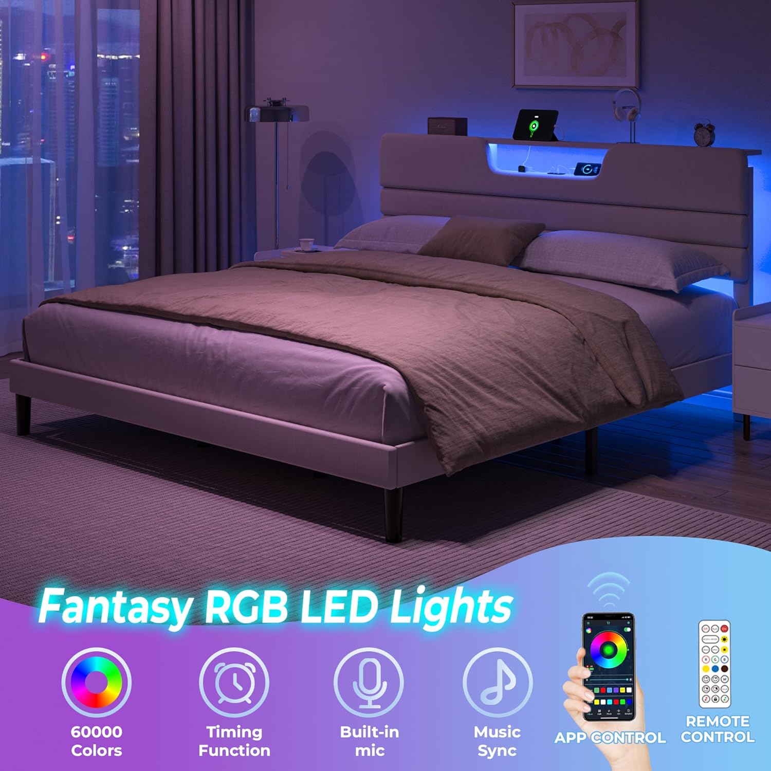 Furnulem King Size Bed Frames with Upholstered Headboard Modern Platform Bed with Charging Station and Led Lights Bed Frame with Sturdy Wooden Slats