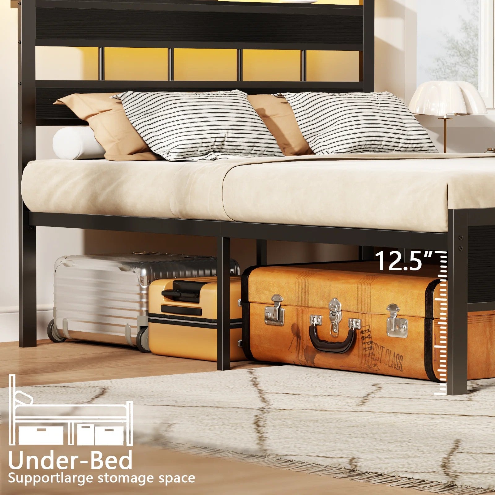 Bed Frames with Headboard & LED Lighted,Standard Storage Bed Platforrm with Storage Underbed, No Box Spring Needed