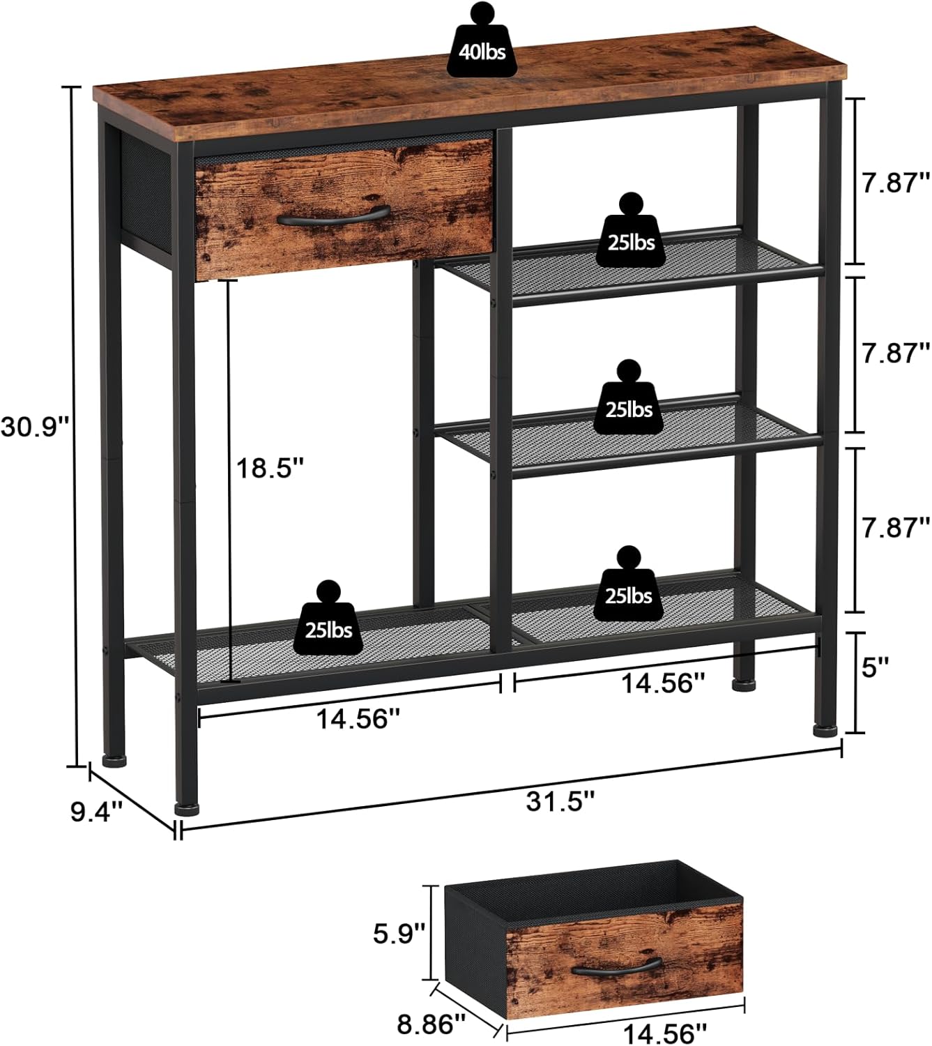 Furnulem 31.5" Entryway Table with Drawer & Shoe Rack, Rustic Console for Hallway