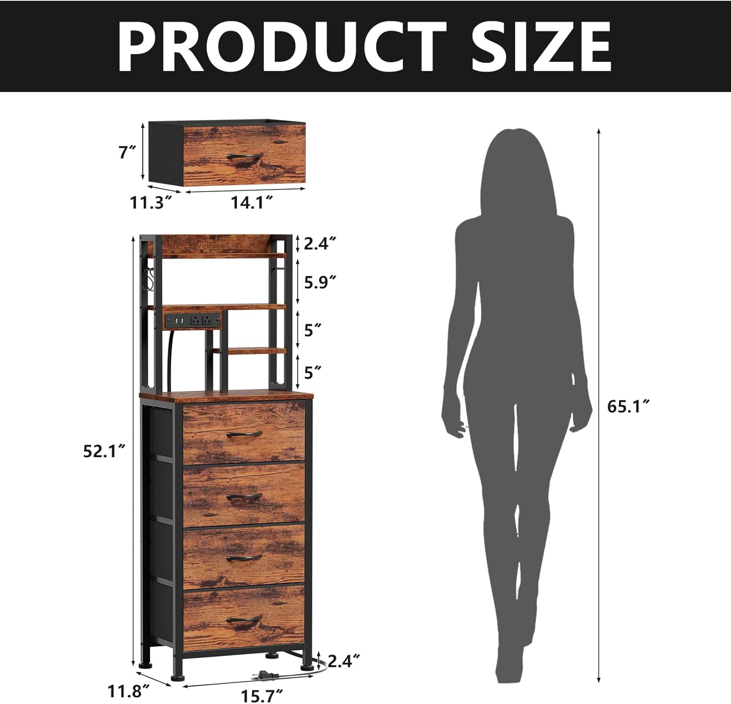 Qwatto Bedside Table with Charging Station and USB Port 4 Drawer Tall Nightstand with Shelves for Bedroom Dorm Wood Metal End Table Brown Finish