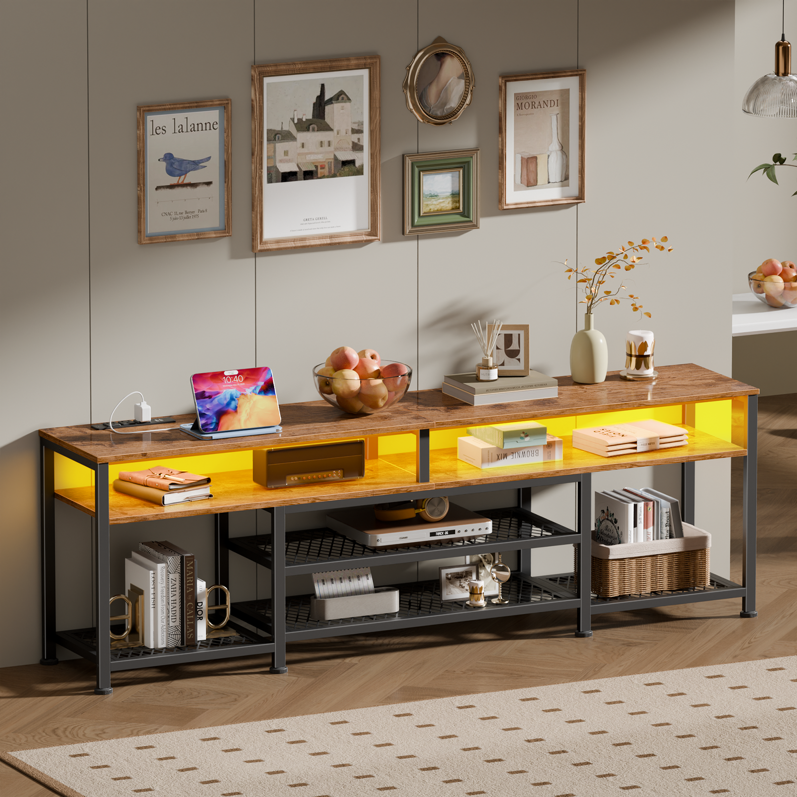 71 Inch Brown TV Stand with Charging Station LED Lights Entertainment Center for TVs up to 80 Inch Media Console Storage Modern Living Room Bedroom