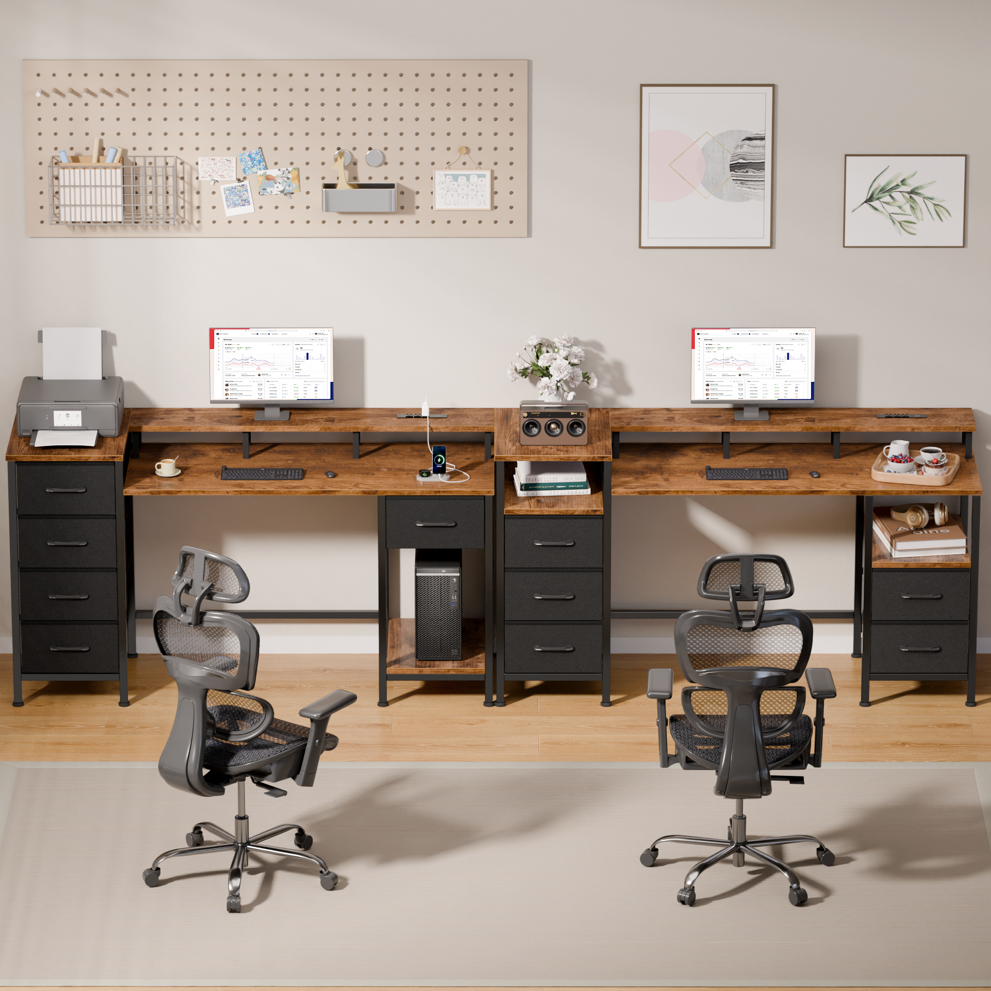 47 Inch Rustic Brown Computer Desk with Charging Station Reversible Gaming Desk LED Lights 5 Fabric Drawers Monitor Stand Home Office Writing Table
