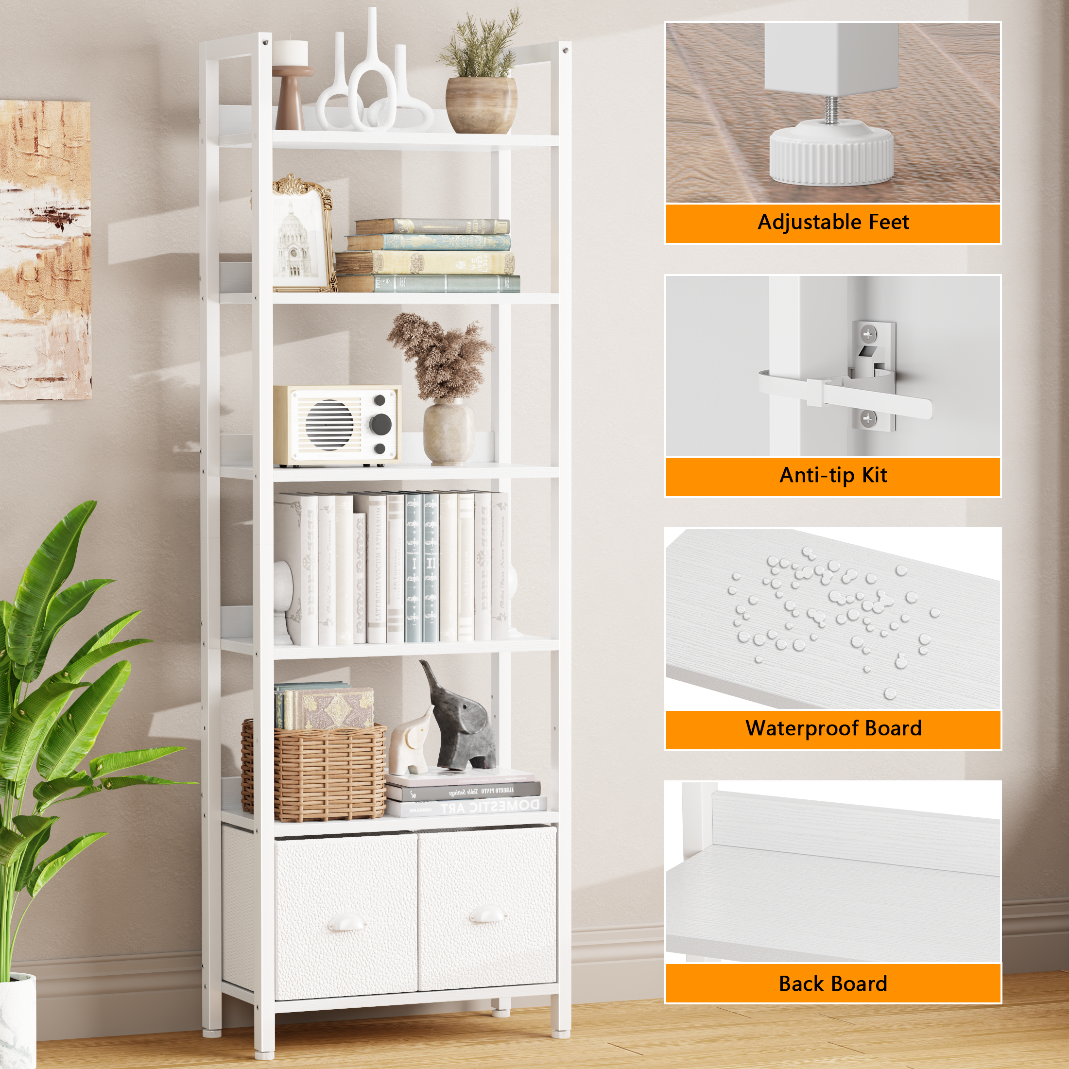 Modern 71 Inch Tall 6 Tier Bookshelf with Two Drawers Wooden Metal Freestanding Bookcase Display Storage Organizer for Home Office Living Room White