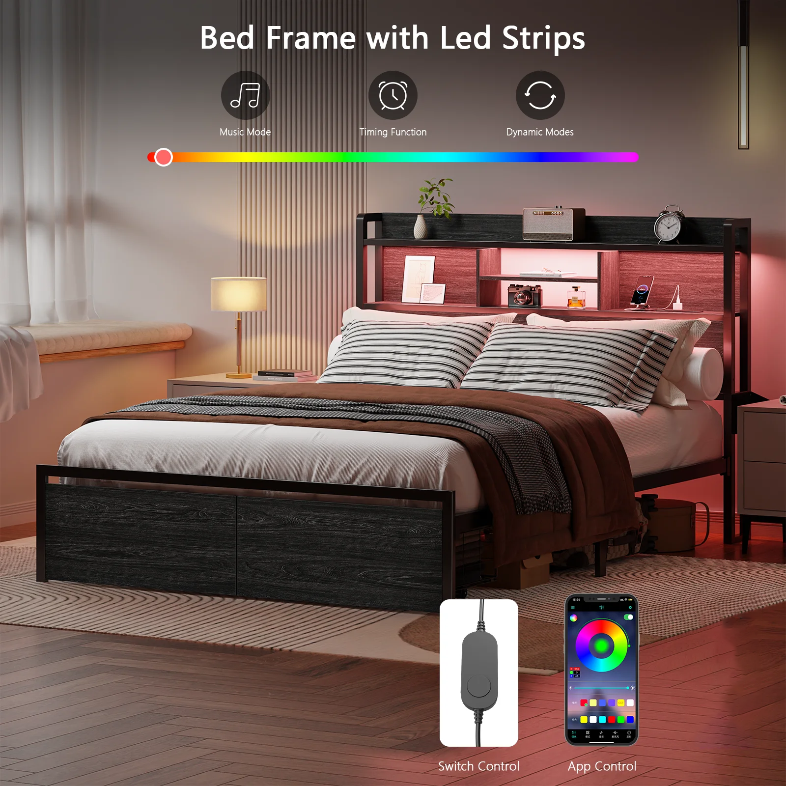 Furnulem Full Size LED Light Bed Frame with Storage Headboard and USB Ports Bed Platform with Drawers RGB Lights