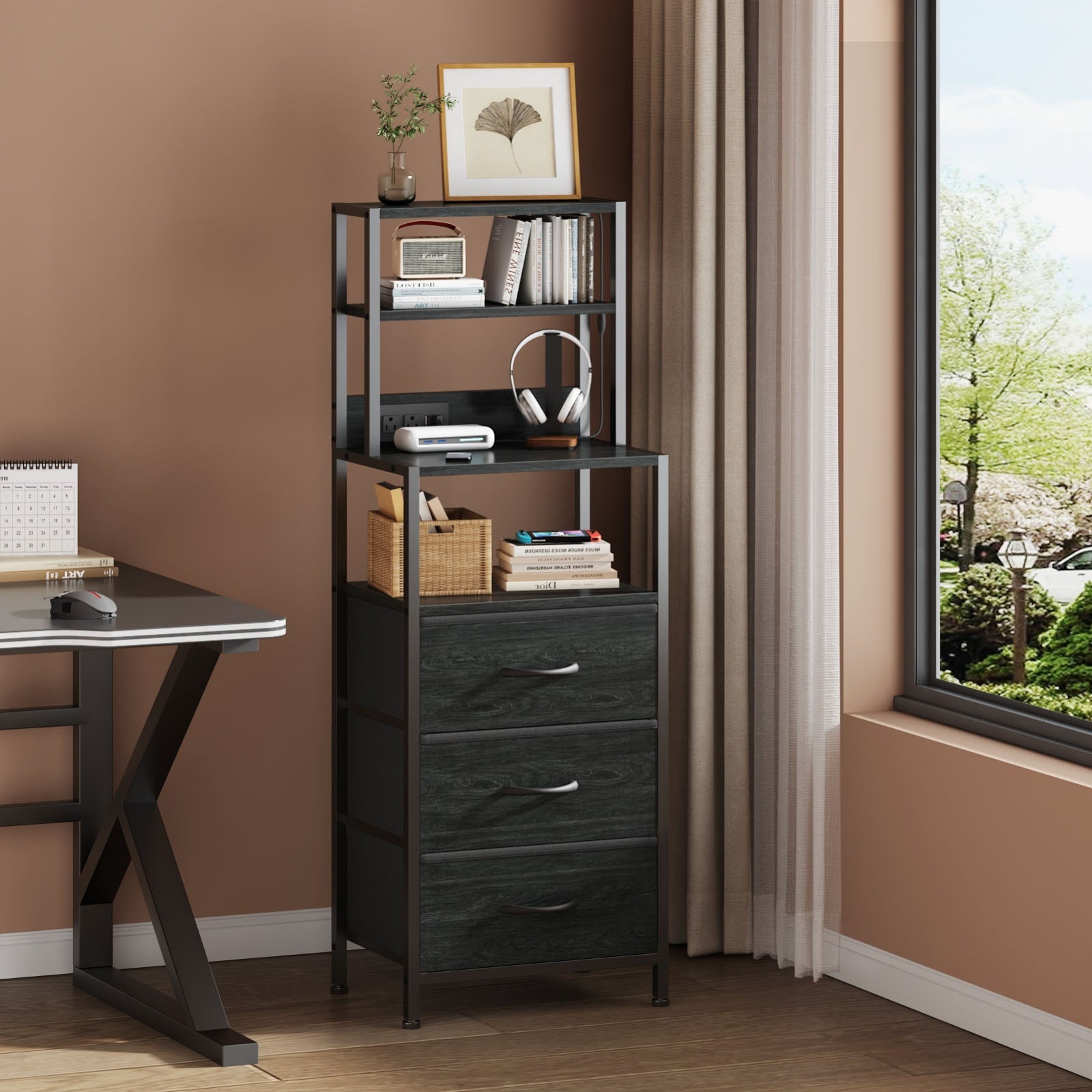 Furnulem Night Stand, Tall Nightstand with 4-Tier Shelves and 3 Fabric Drawers