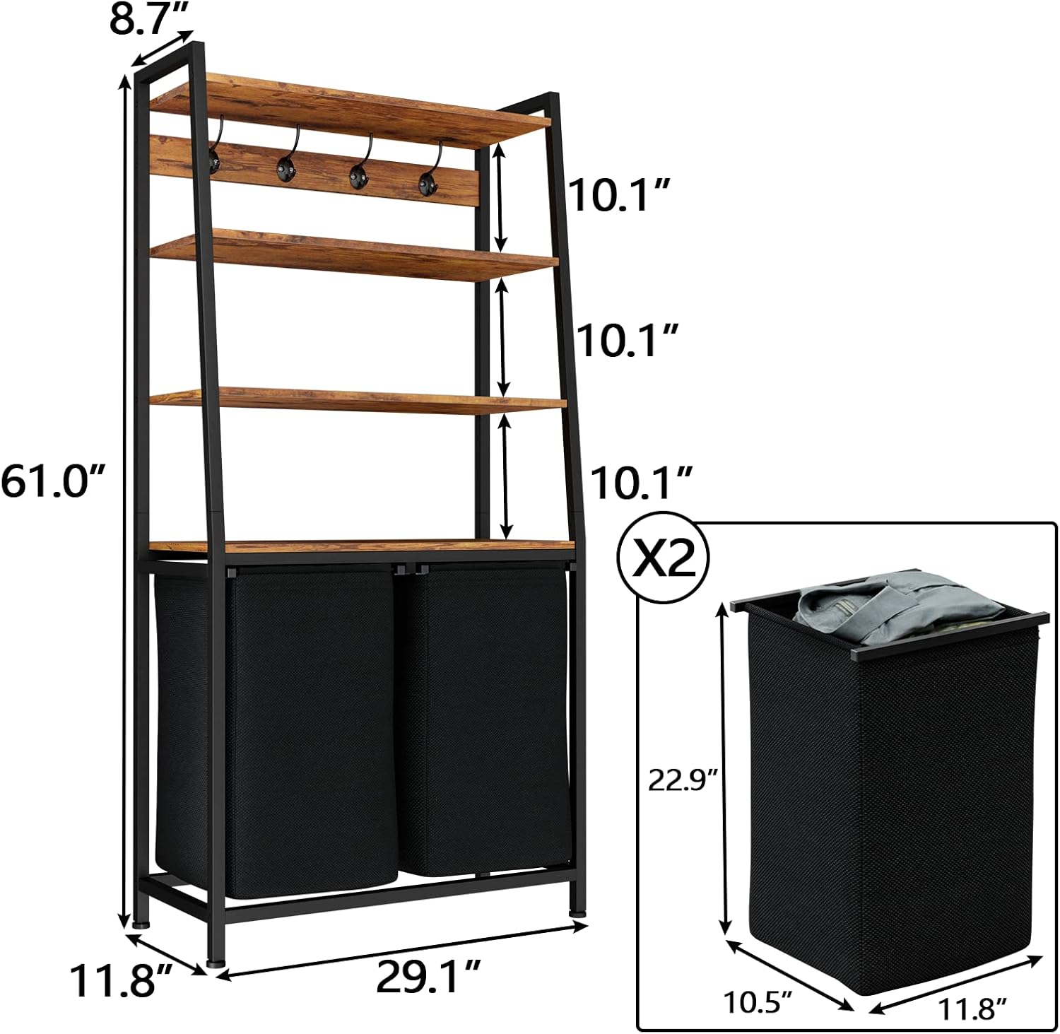 Furnulem 4-Tier Laundry Hamper with Shelf & Hooks – Tall Basket with 2 Removable Bags for Bathroom or Bedroom