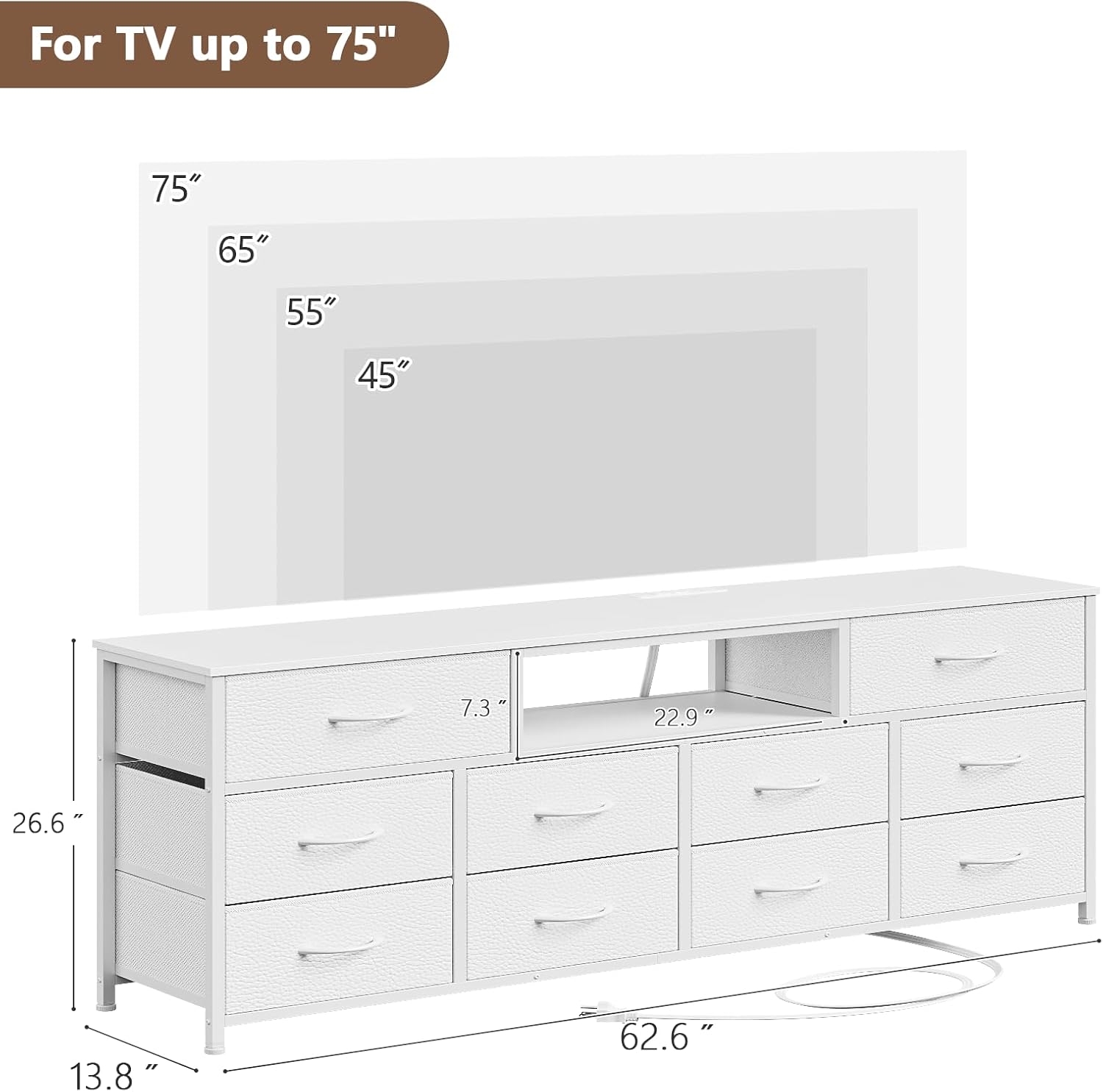 Furnulem 63” long bedroom dressing table suitable for 65 to 75 inch TV dressing table with 10 fabric drawers includes power outlet and LED lighting