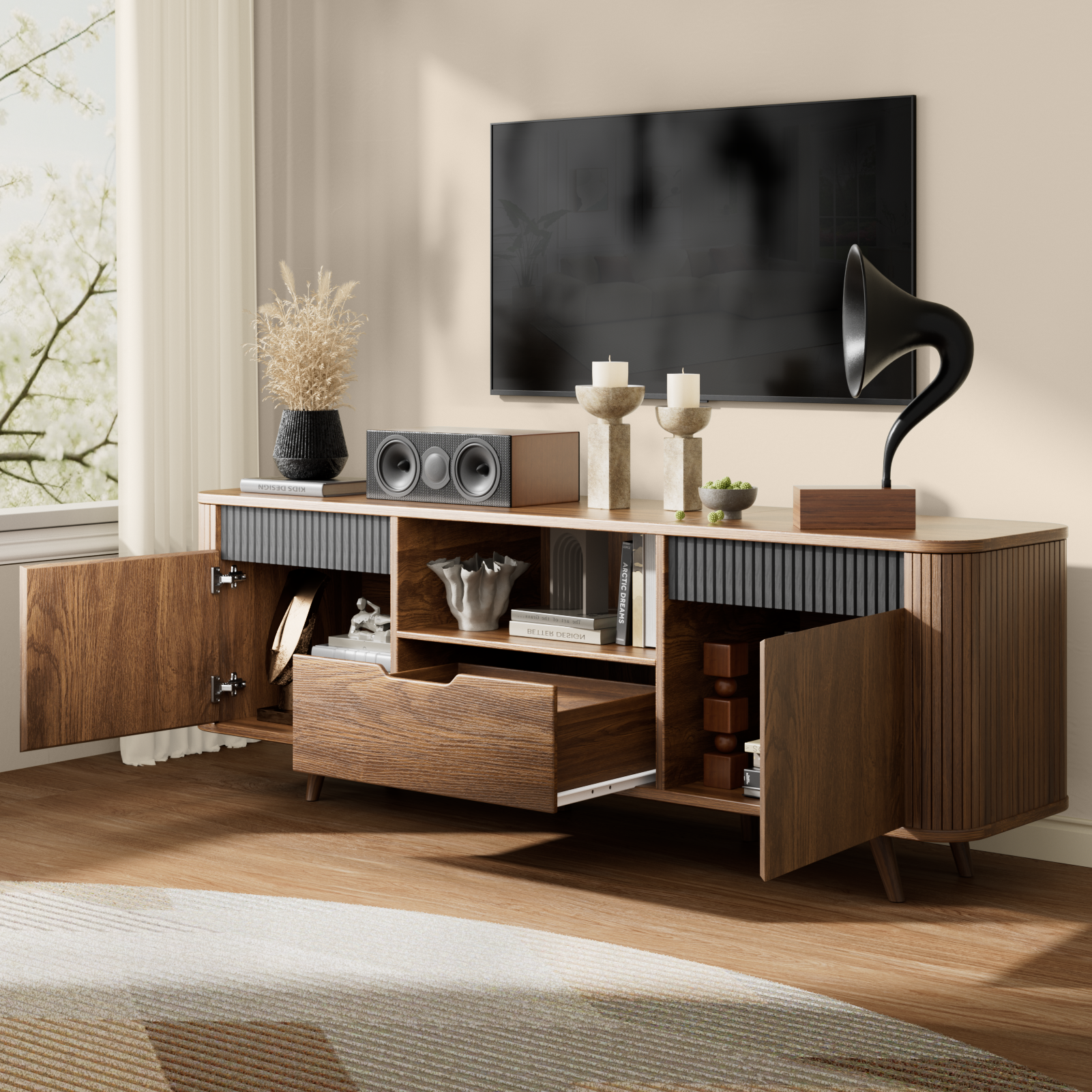 55" Modern TV Stand For 40-65 Inch TV With Drawer slides Tambour Media Console With Storage Cabinet Charging Station Shelves Cable Management Wood Leg