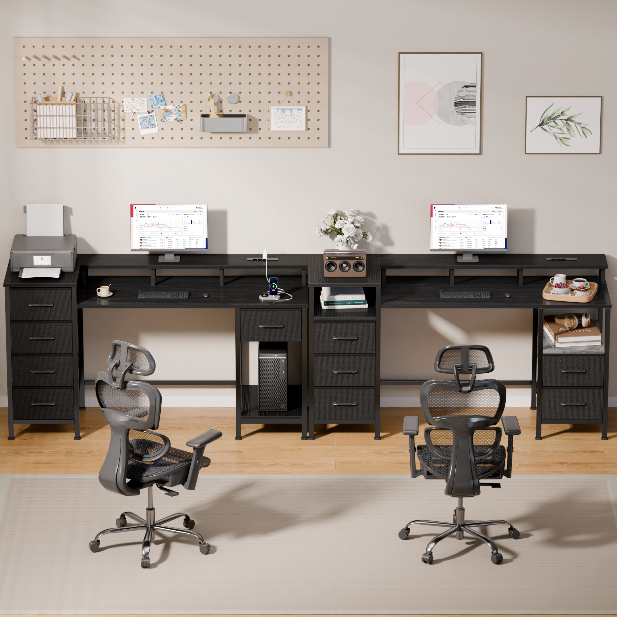 47 Inch Black Computer Desk with Charging Station Reversible Gaming Desk LED Lights 5 Fabric Drawers Monitor Stand Home Office Writing Table