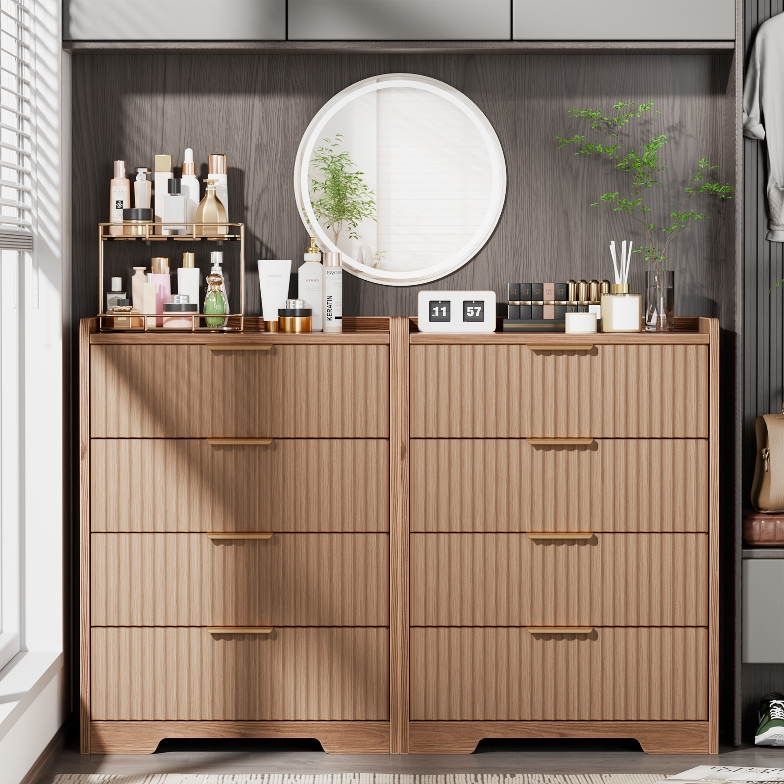 Furnulem Modern Ribbed 5-Drawer Chest – Wood Grain Bedroom Storage Dresser
