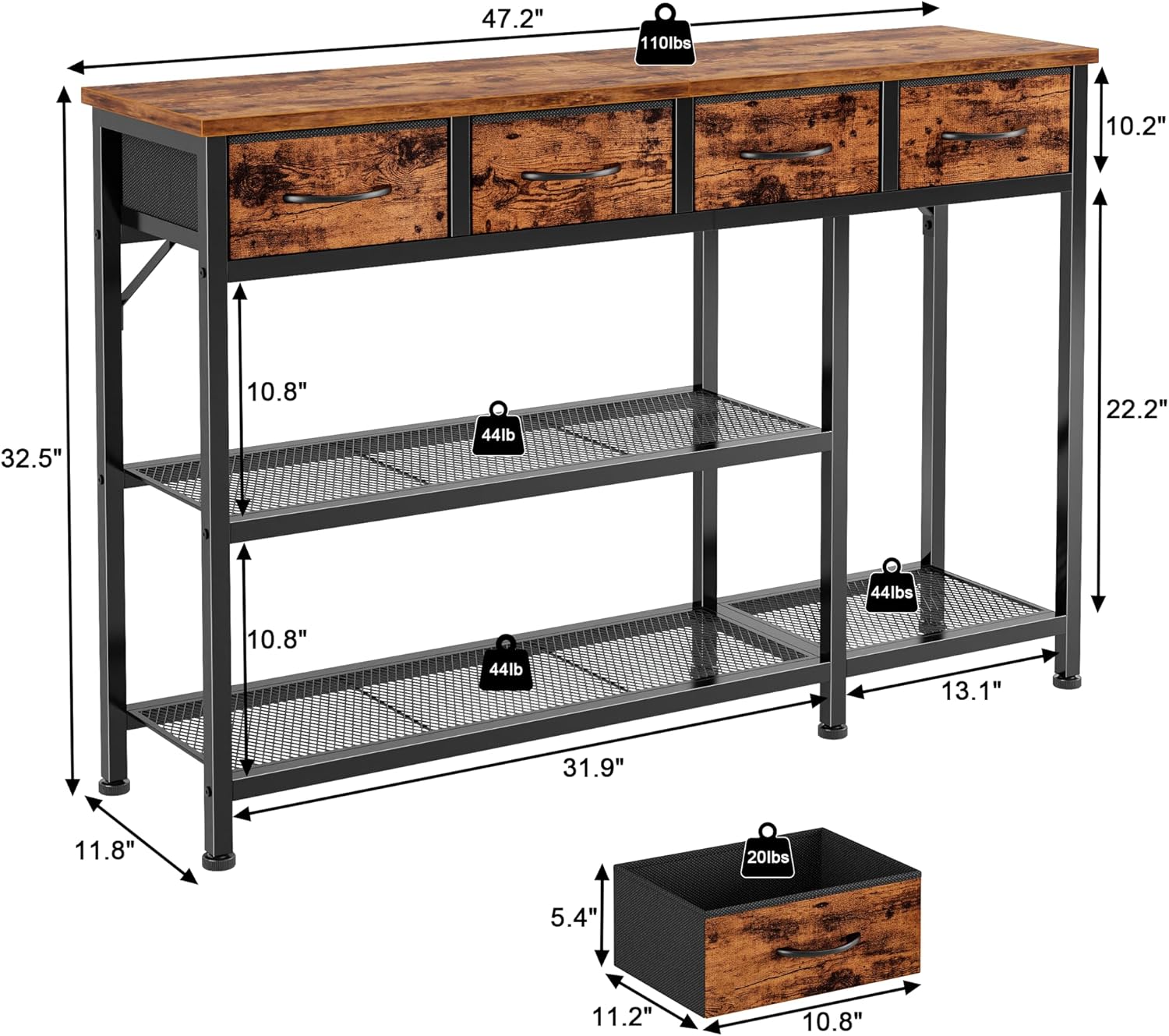 Furnulem 47” Entryway Table with 4 Fabric Drawers, Rustic Console Table with Metal Mesh Shelf, Sofa Table for Hallway, Foyer, Front Door