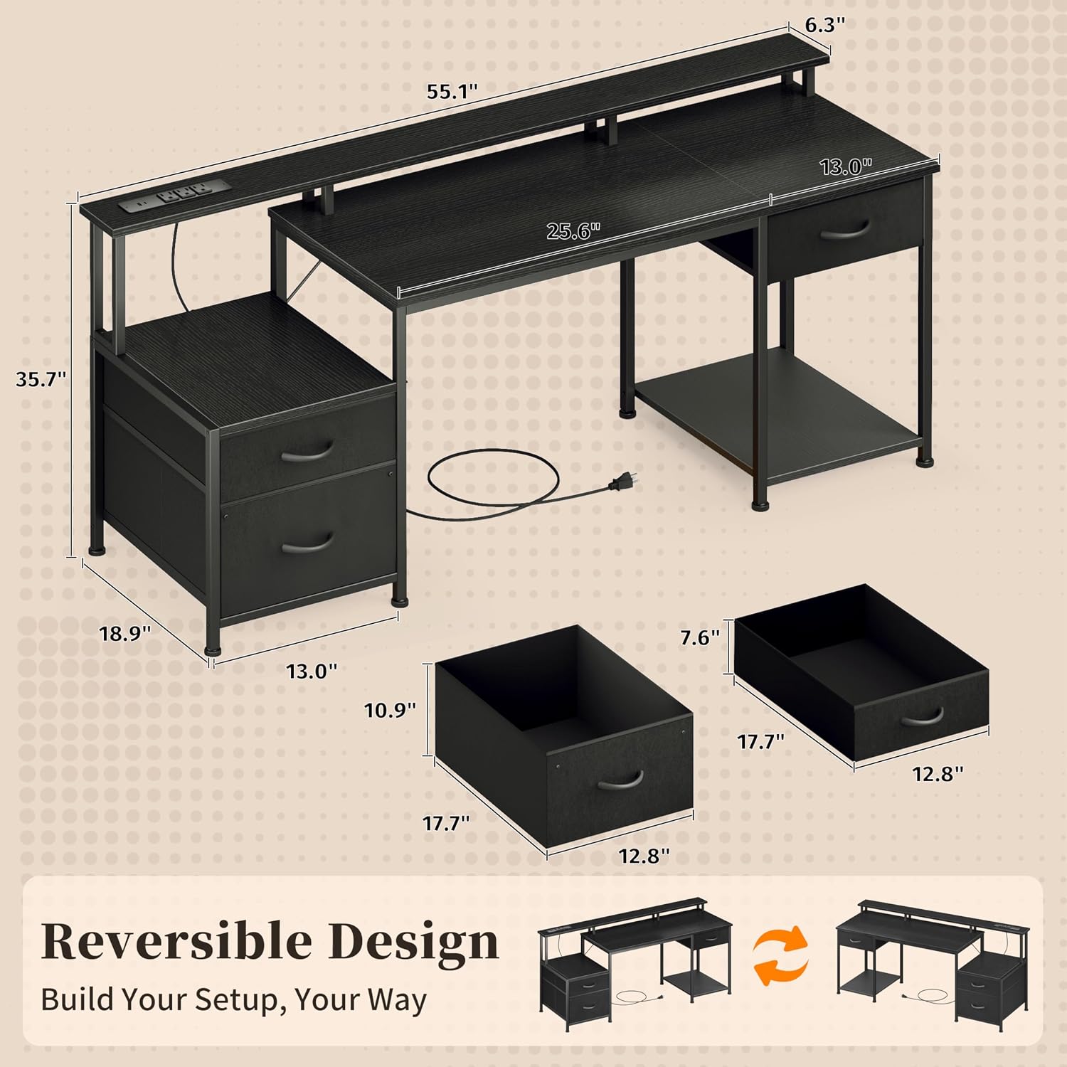 Qwatto 55" Black Computer Desk with 3 Adjustable Drawers and Monitor Stands Home Office Writing Workstation Gaming Table with Multi Storage Shelving