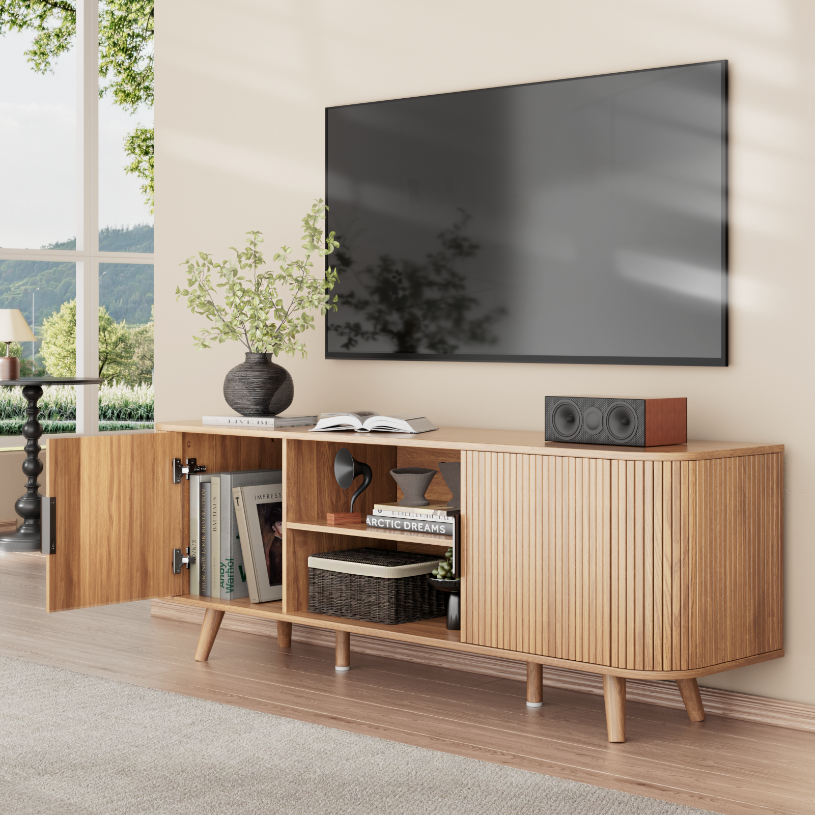 55 Inch Media Console for Bedroom Living Room Oak TV Stand for 65 Inch TV Mid Century Modern Cabinet Fluted Wood Detail Cable Management