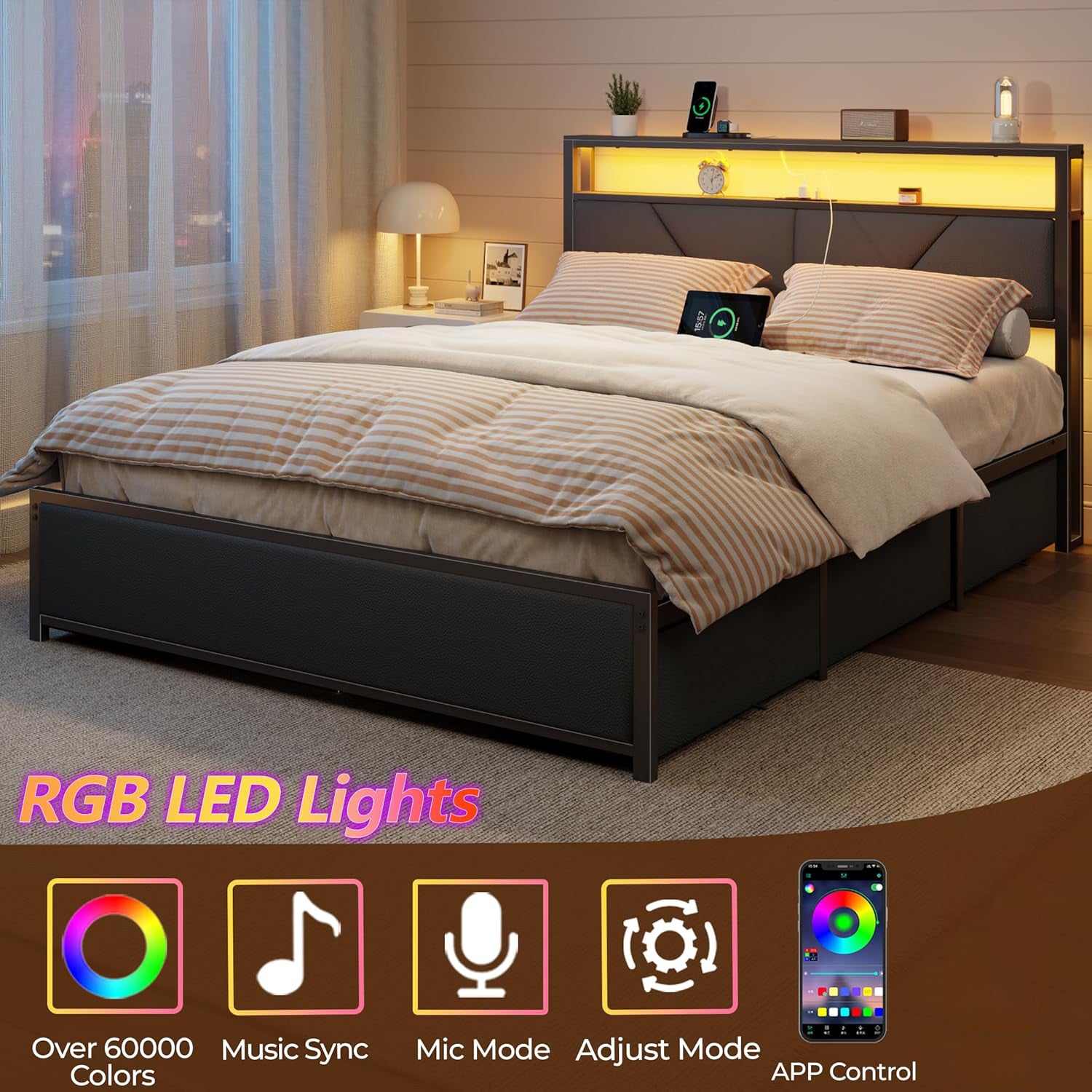 Queen Size Bed Frame with Storage Headboard and 6 Drawers Metal Platform Bed Frame with Charging Station and LED Lights PU Leather Upholstered