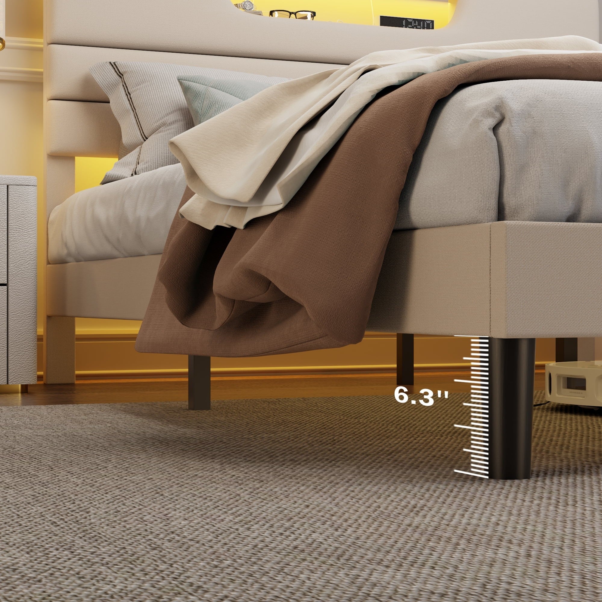 Beige Fine Linen Fabric Bed Frame with Upholstered Headboard & Charge Station, Queen Size Bed Frame with LED Lights, No Box Spring Needed