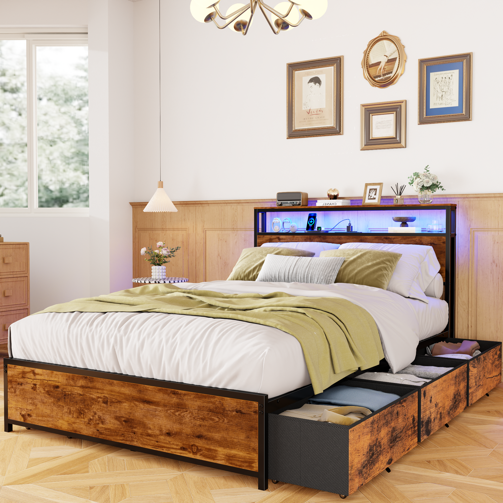 Full Size Bed Frame with 6 Storage Drawers Metal Platform Bed Frame with 2-Tier Storage Headboard LED Built in Charging Station No Box Spring Needed