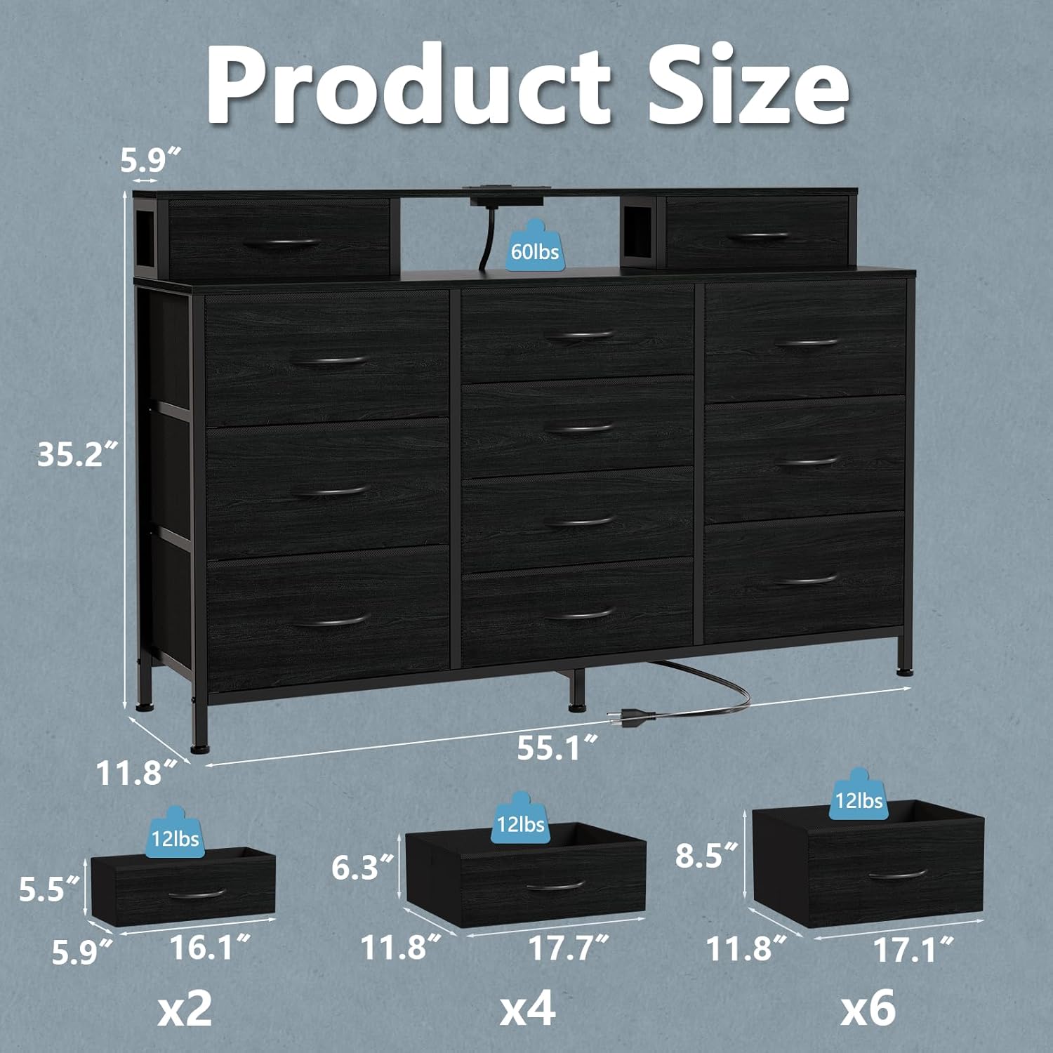Furnulem 55" W Dresser for Bedroom with LED Lights and Power Outlets Black Large 12 Storage Drawers Long Fabric Chests Dressers with 2 Shelves