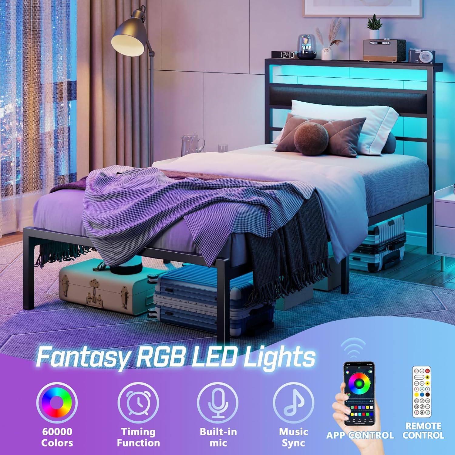 Twin Bed Frames for Kids Metal Platform Bed Frame with Upholstered Headboard Wood Storage Shelf Charging Station and LED Lights No Box Spring Needed