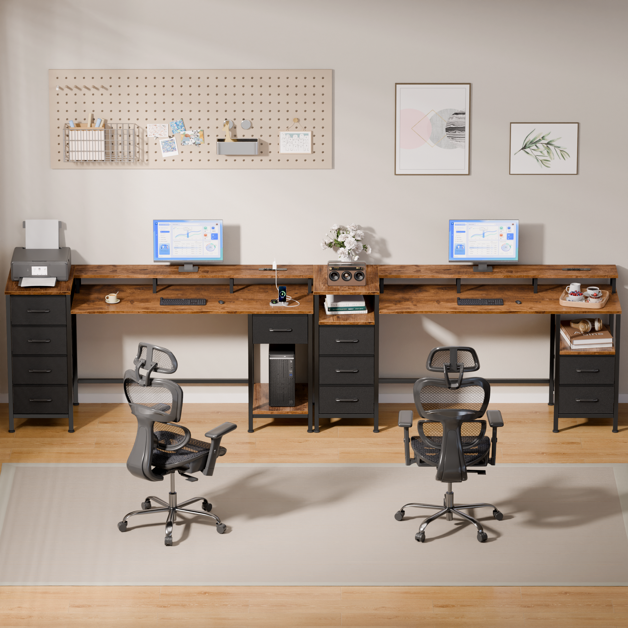 Qwatto 55 Inch Computer Desk with Charging Station Reversible Gaming Desk LED Lights Fabric Drawers Home Office Writing Table Bedroom Study Storage