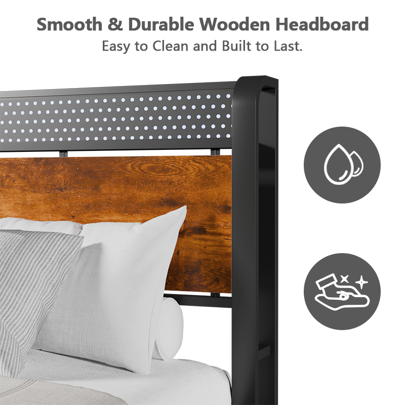 Full Size Platform Bed Frame with Storage Headboard LED Lights Charging Station Industrial Metal Heavy Duty No Box Spring Needed Rustic Wood