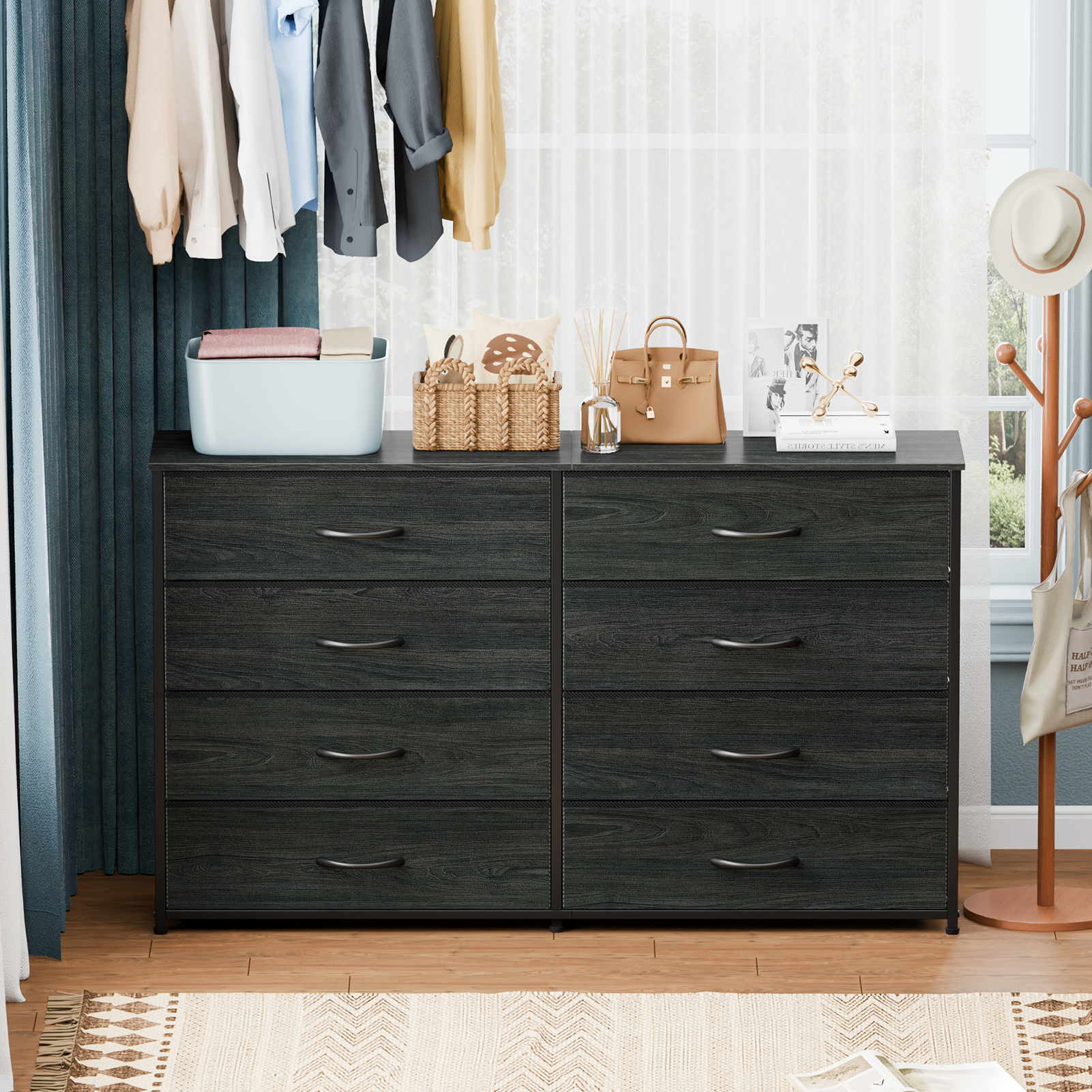 Wide Fabric Dresser for Bedroom 8 Drawer Storage Chest 55 Inch TV Stand Entertainment Center Wood Top Organizer Unit Living Room Hallway Furniture