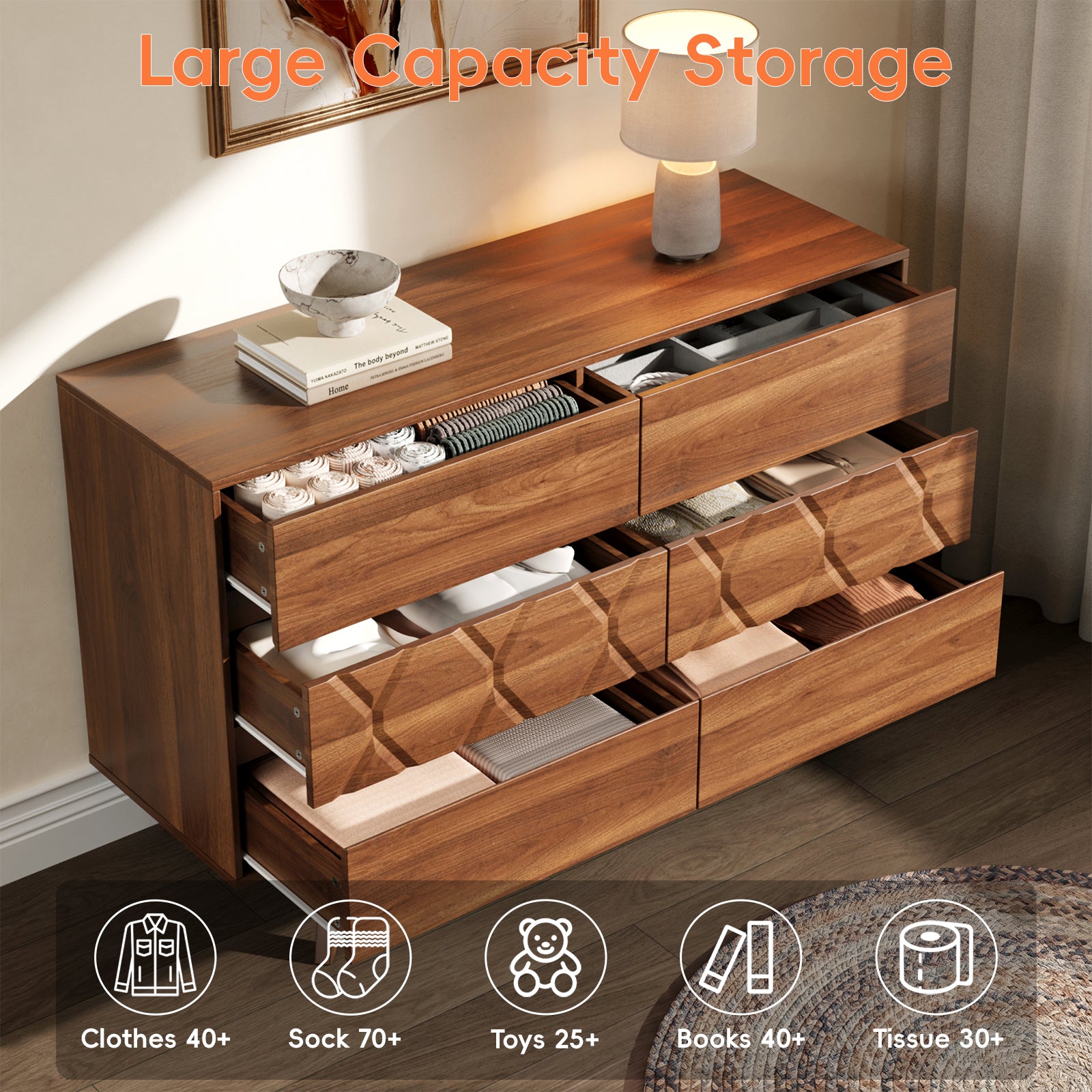 Qwatto 6 Drawer Dresser Mid Century Modern Wood Chest of Drawers Geometric Relief Storage Organizer for Bedroom Entryway Cherry Finish Anti-Tipping