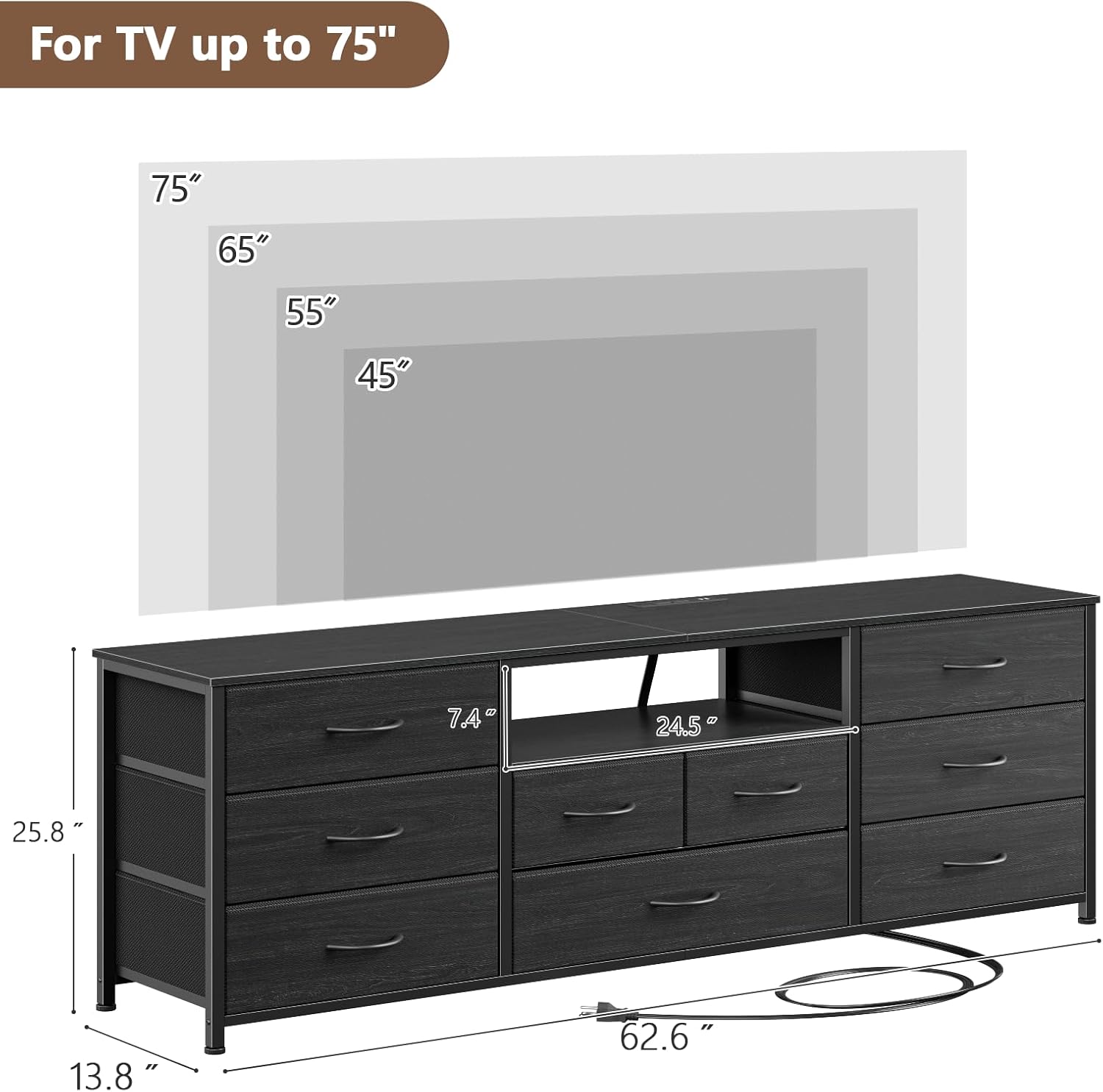 Furnulem 63" 9-Drawer Dresser TV Stand with LED & Power Outlet, Black Fabric Storage Cabinet for Bedroom or Closet, Fits 65–75" TVs