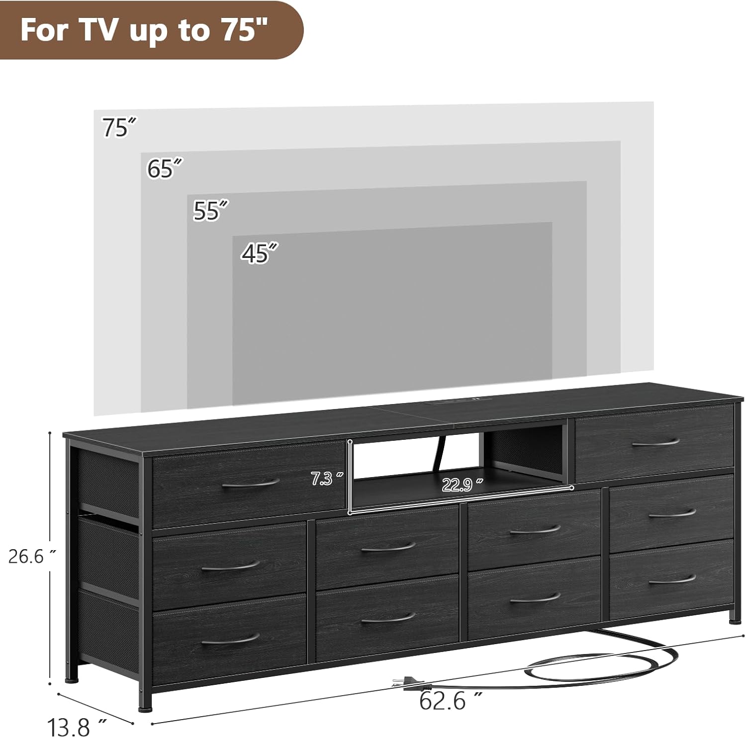 Furnulem 63” Long Dresser TV Stand for 65 to 75 inch TV Black Dresser with 10 Fabric Drawers Chest Closet Center with Power Outlet LED Light
