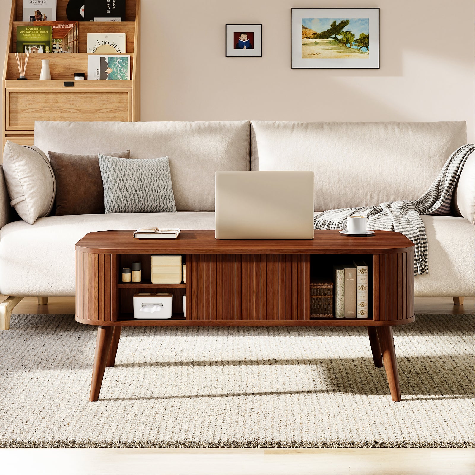 Qwatto Mid Century Modern Coffee Table with Storage Fluted Sliding Cabinet Door Farmhouse Wood Rectangular Center Table Living Room Walnut Finish