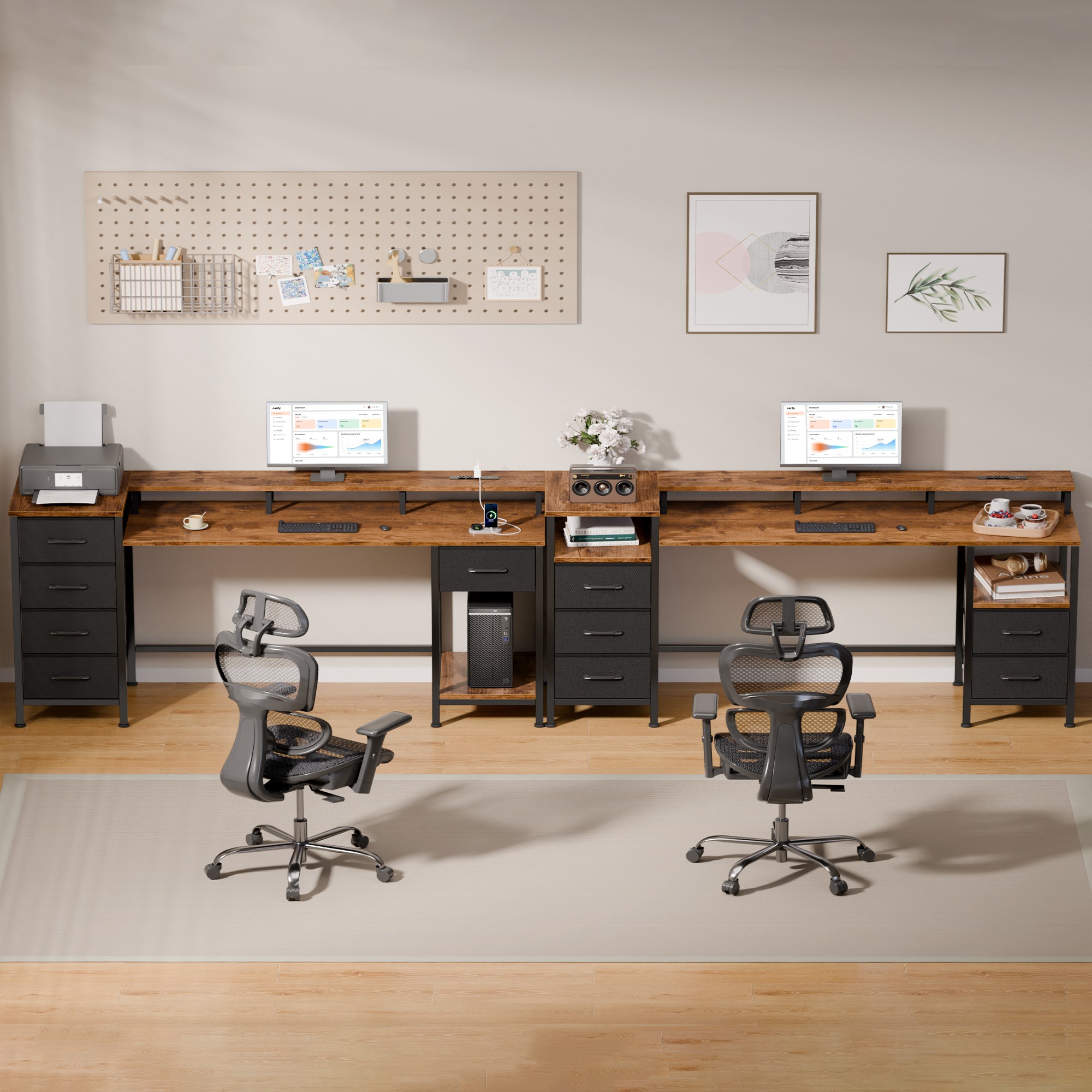 61 Inch Brown Computer Desk with Charging Station Gaming Desk LED Lights Reversible 5 Fabric Drawers Home Office Writing Table Study Storage