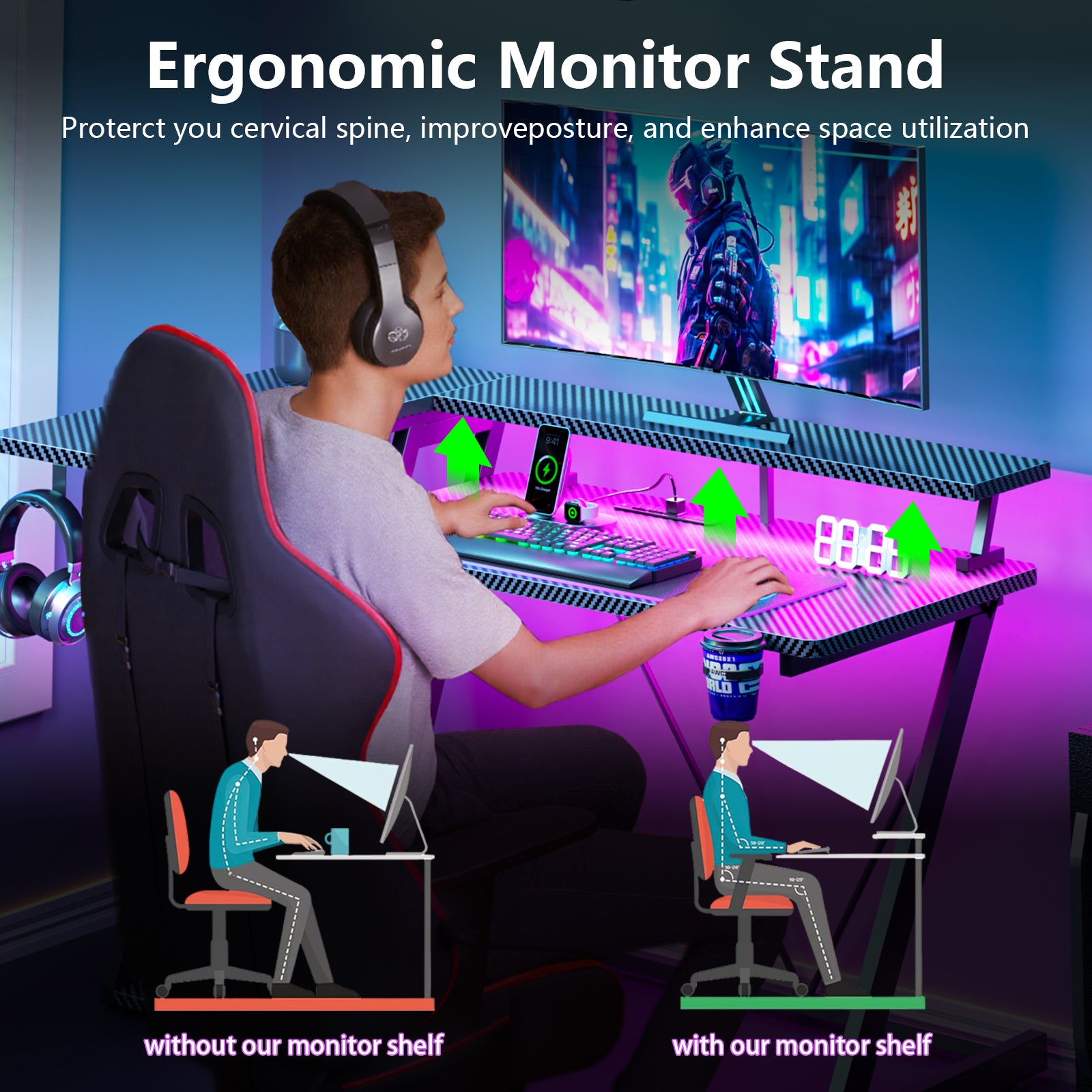 47 inch Black Gaming Desk L Shaped Corner Computer Table with Monitor Stand 3 Tier Storage Shelves Gamer Desk Office Space Saving Workstation for PC