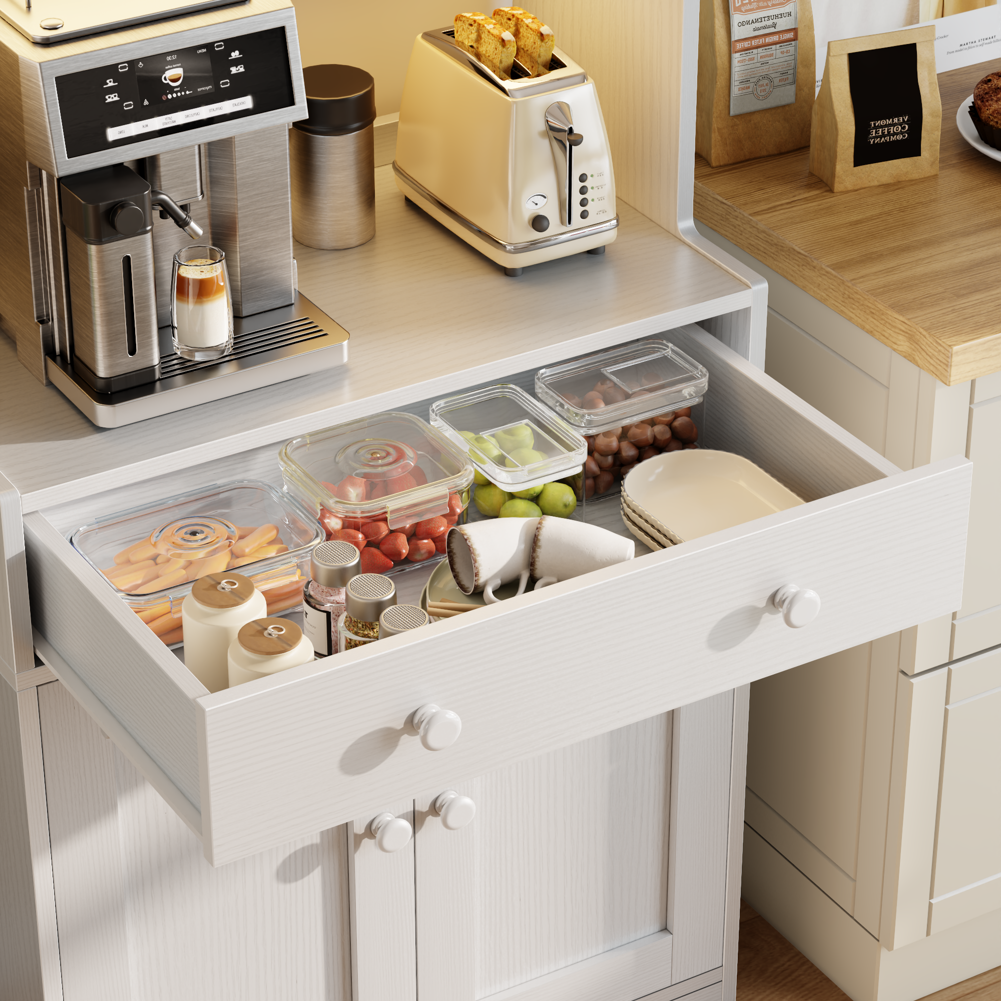 71 Inch Tall White Farmhouse Kitchen Pantry Storage Cabinet Freestanding Microwave Stand with Hutch Doors Drawers for Dining Room Furniture Addition