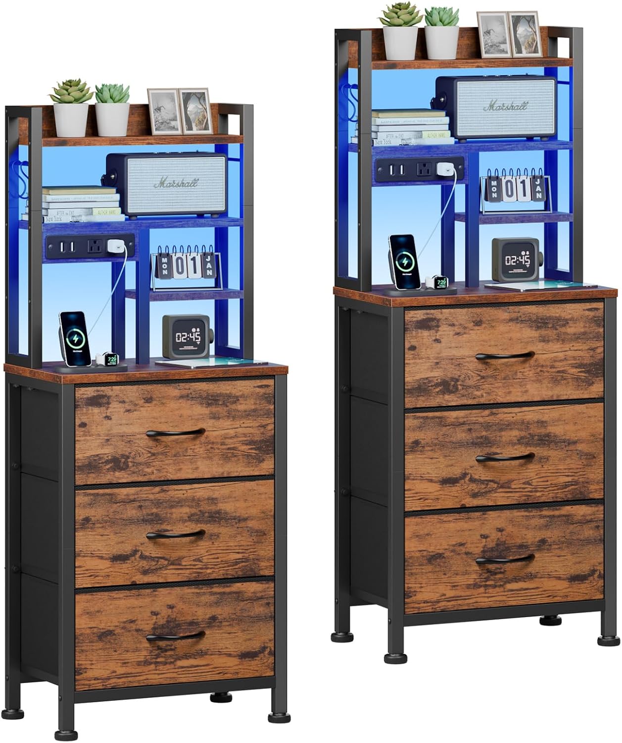 Furnulem Night Stand Set 2, LED Nightstand with Charging Station, 3 Fabric Drawers and 4 Tier Storage Shelf, Bedside End Table for Bedroom, Dorm, Office, Rustic Brown