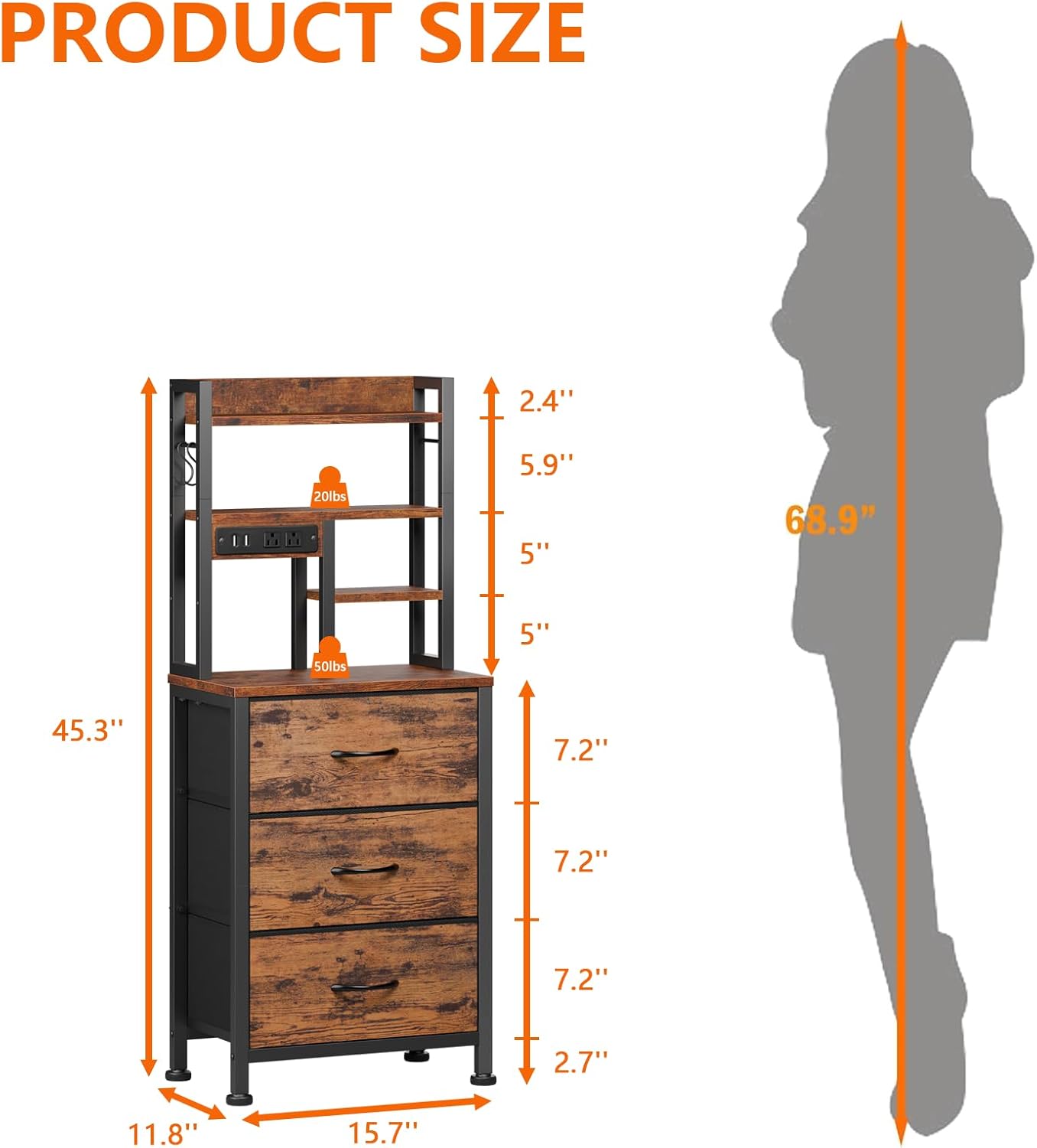 Furnulem Night Stand Set 2, LED Nightstand with Charging Station, 3 Fabric Drawers and 4 Tier Storage Shelf, Bedside End Table for Bedroom, Dorm, Office, Rustic Brown