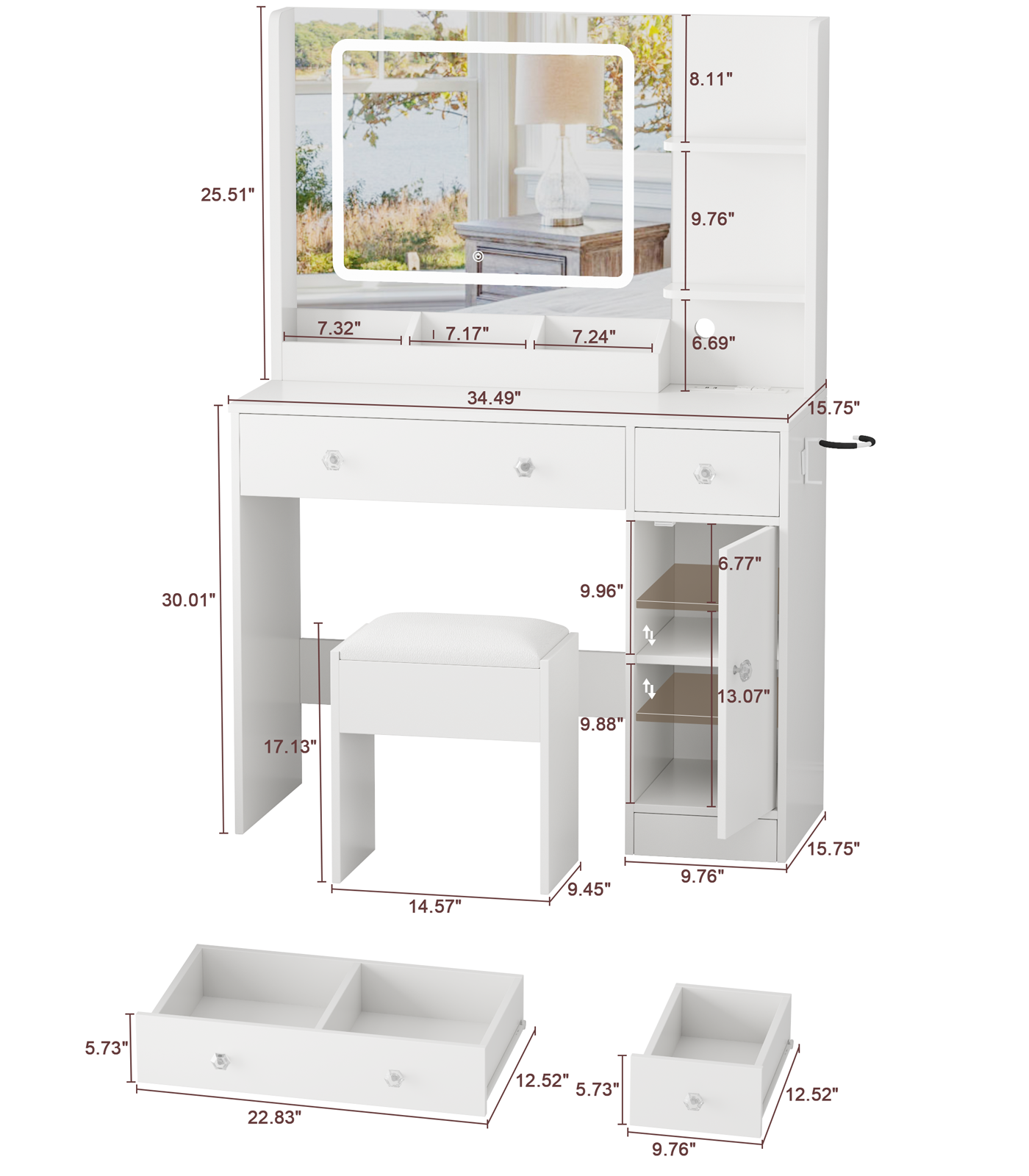 White Makeup Vanity Desk with Mirror and Lights Vanity Set with Stool 3 Color Lighted Mirror Dressing Table with Power Outlet and Drawers Cabinet