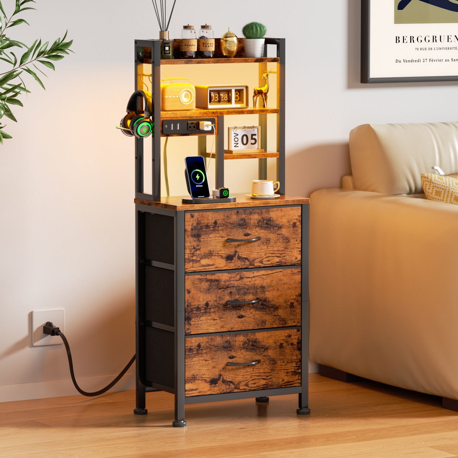 Furnulem Tall Night Stand with 3 Fabric Drawers and LED Lights, Nightstand with Bookshelf