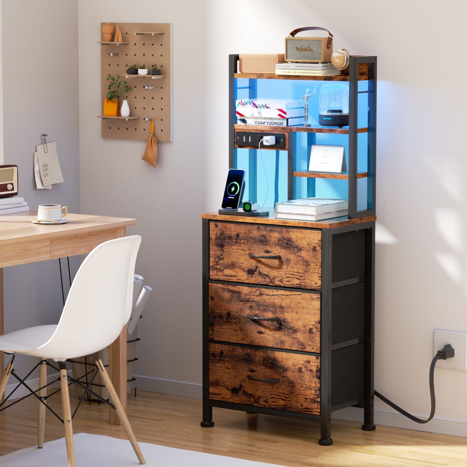 Furnulem Tall Night Stand with 3 Fabric Drawers and LED Lights, Nightstand with Bookshelf