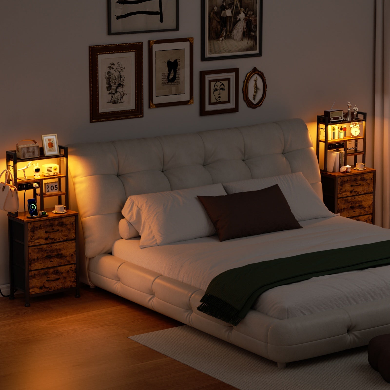 Furnulem Tall Night Stand with 3 Fabric Drawers and LED Lights, Nightstand with Bookshelf