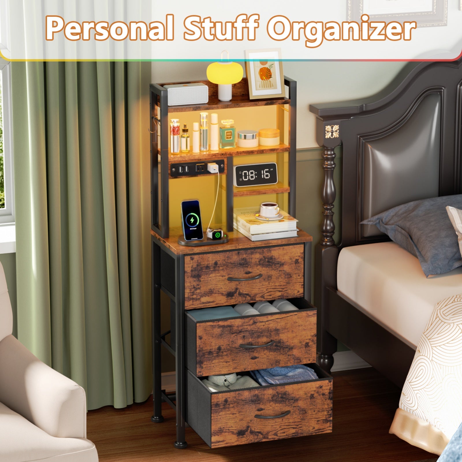 Furnulem Tall Night Stand with 3 Fabric Drawers and LED Lights, Nightstand with Bookshelf