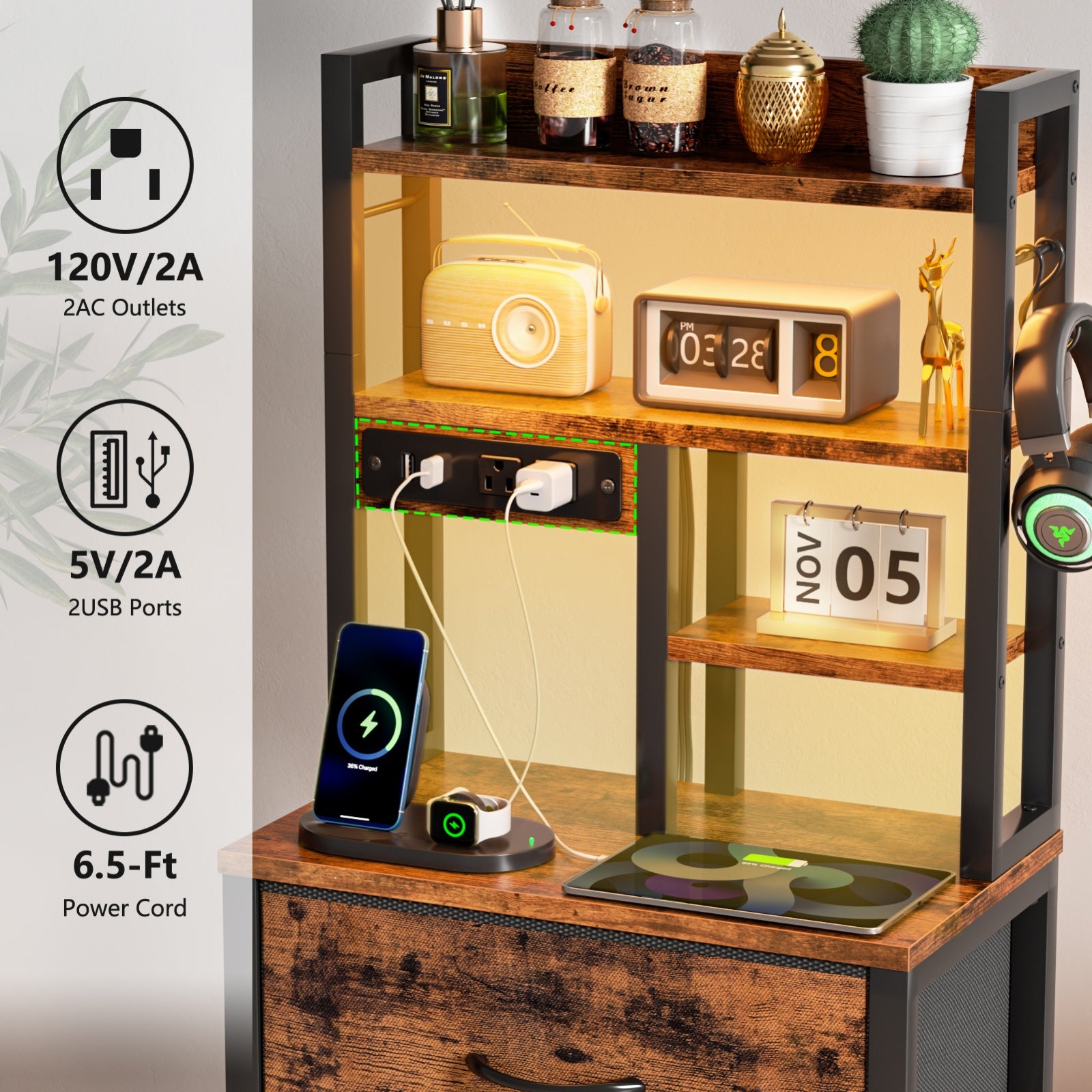 Furnulem Tall Night Stand with 3 Fabric Drawers and LED Lights, Nightstand with Bookshelf