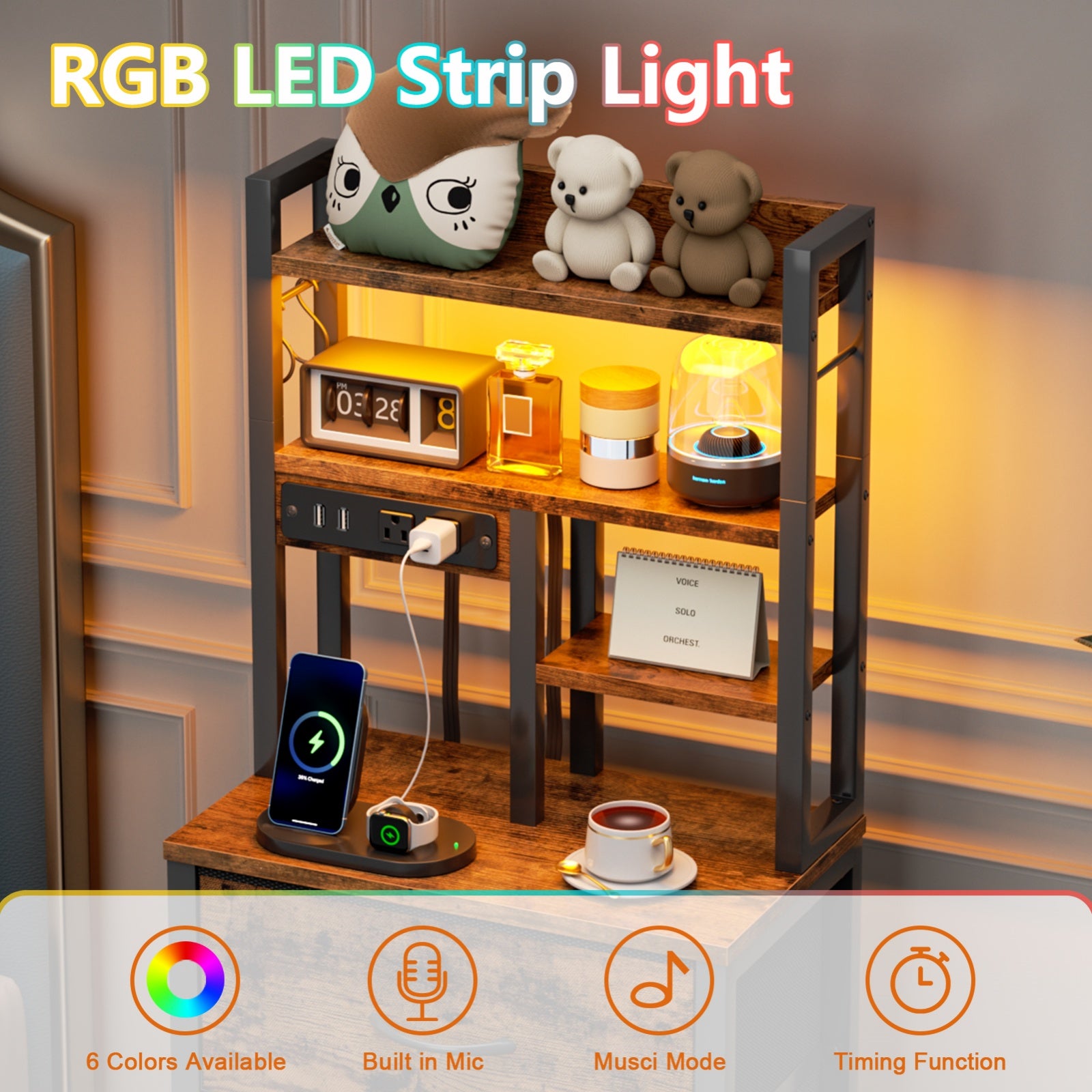 Furnulem Tall Night Stand with 3 Fabric Drawers and LED Lights, Nightstand with Bookshelf