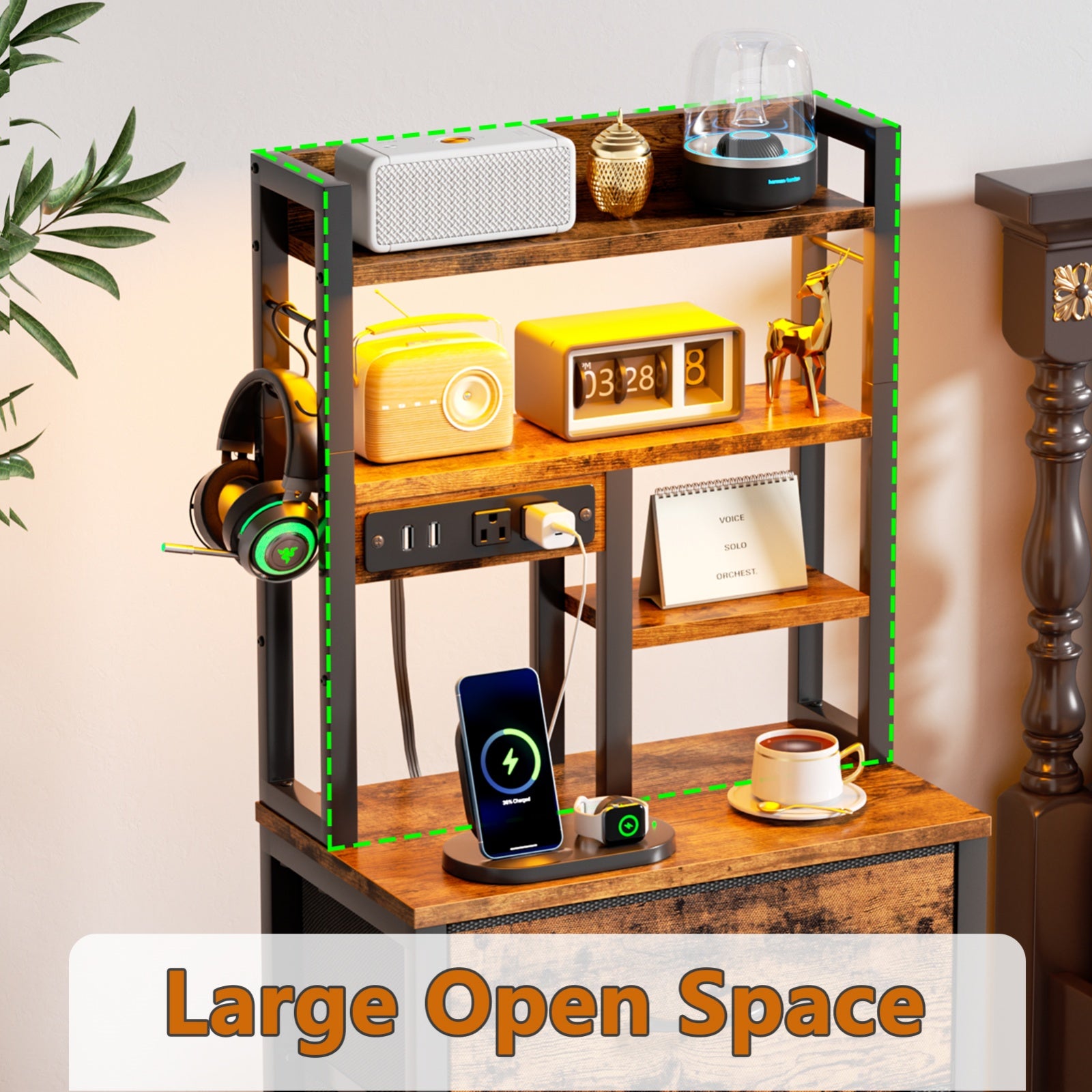 Furnulem Tall Night Stand with 3 Fabric Drawers and LED Lights, Nightstand with Bookshelf